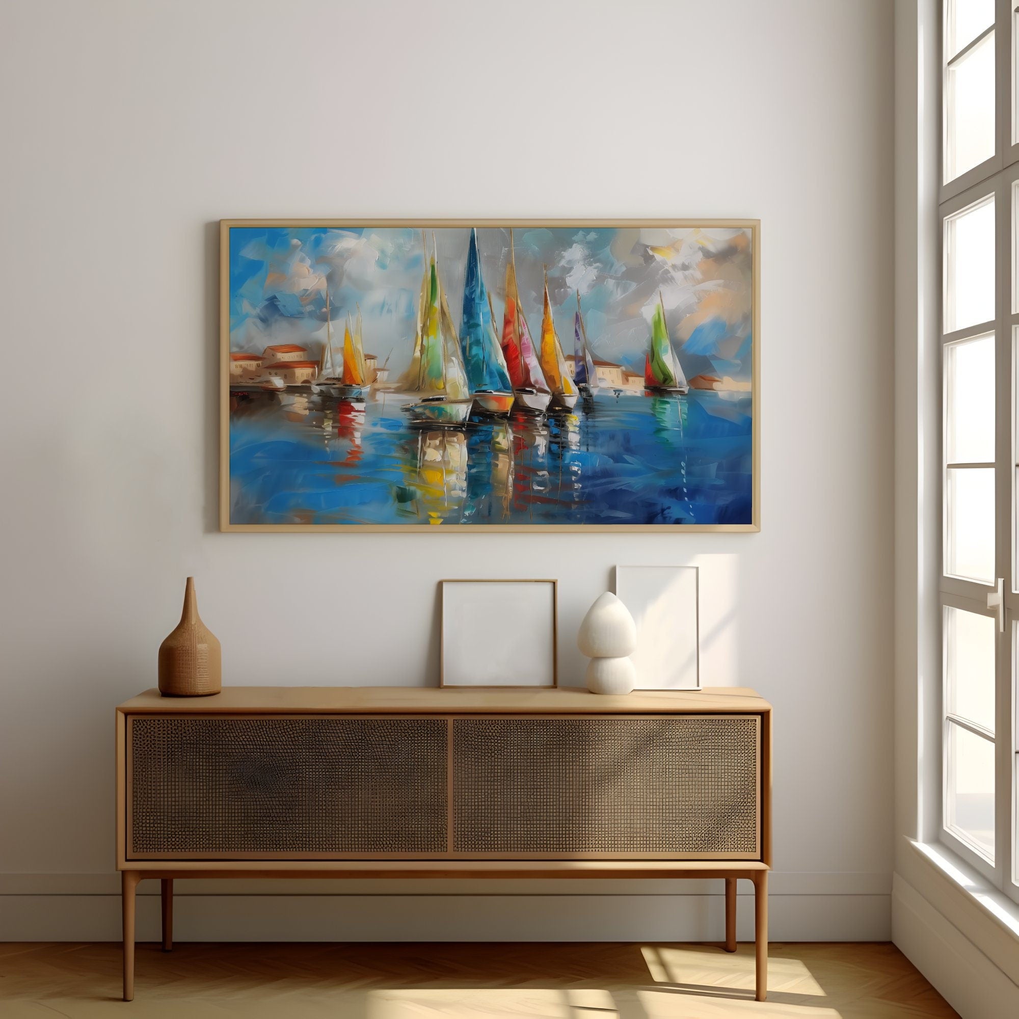 Colorful Sailboats in the Harbor Interactive Wall Art