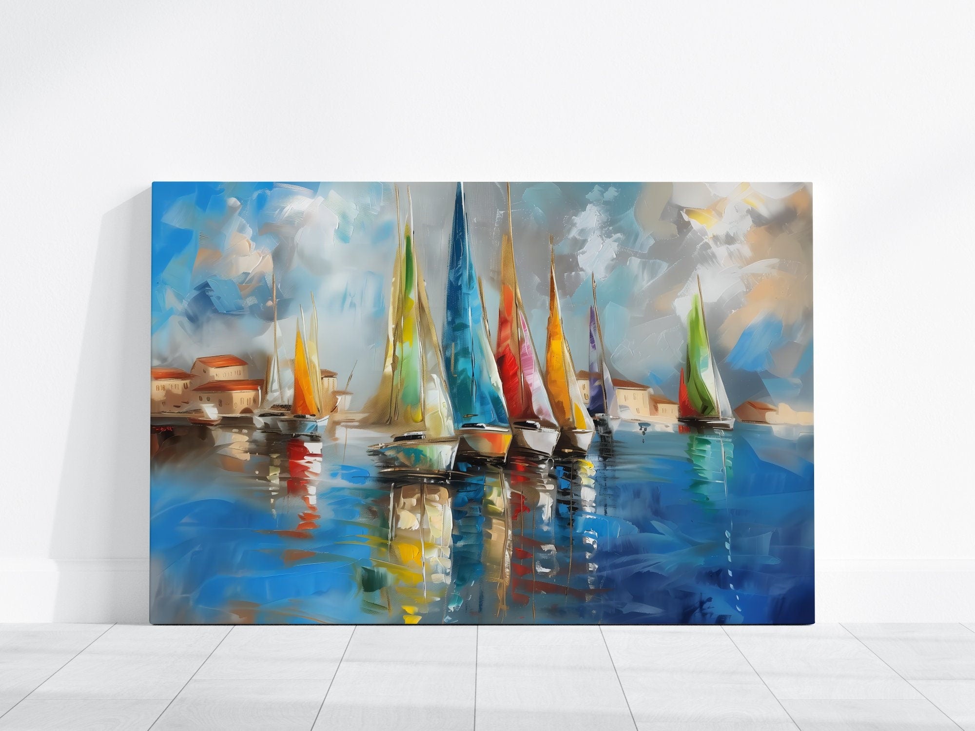 Colorful Sailboats in the Harbor Interactive Wall Art