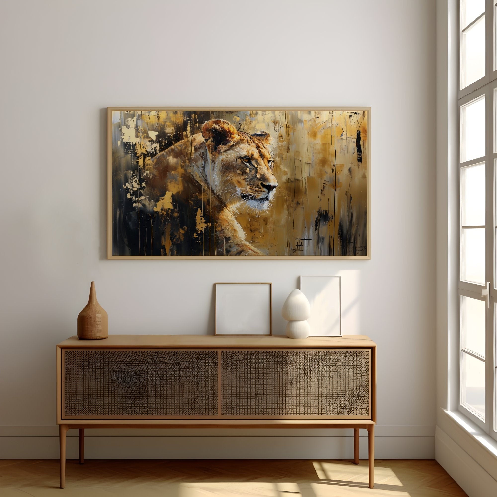 Temporal Impressionism Lioness Gold & White Abstract Interactive Wall Art