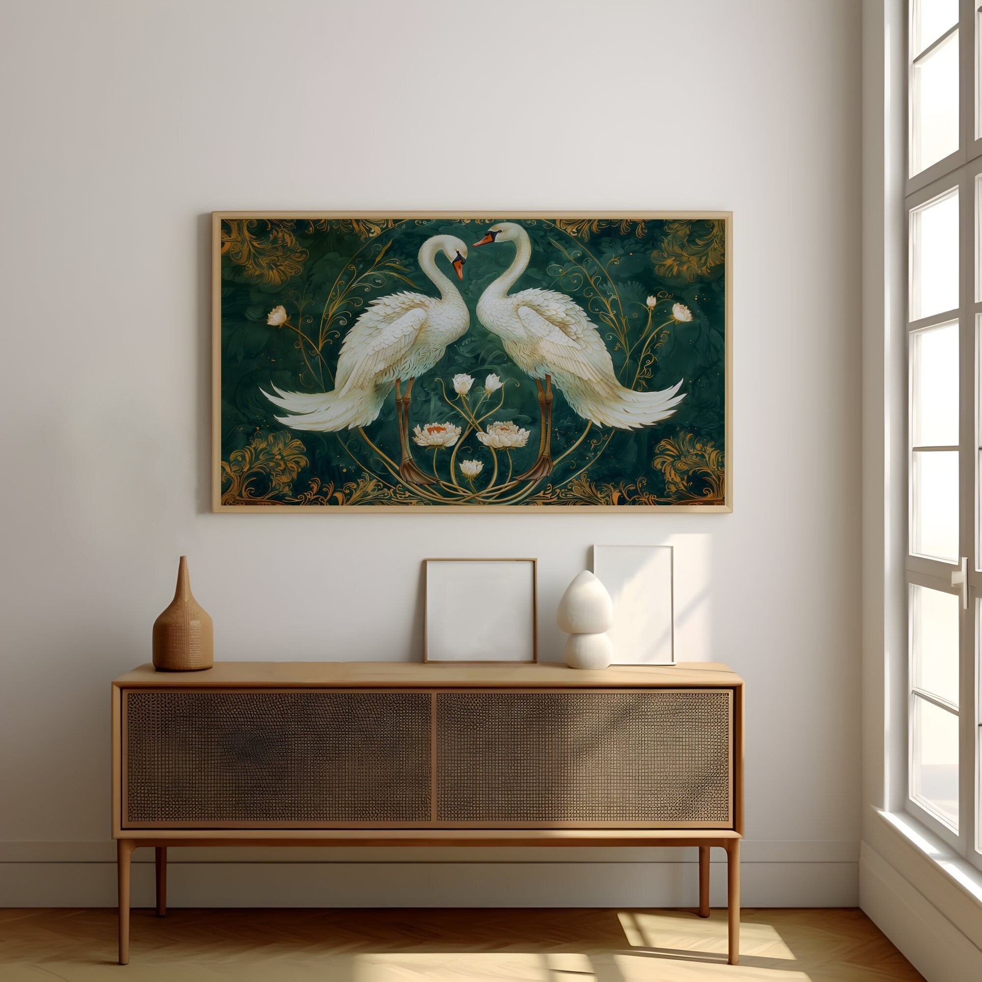 Vintage White Swans Emerald Green Interactive Wall Art