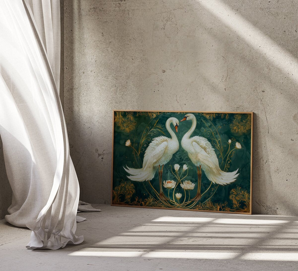 Vintage White Swans Emerald Green Interactive Wall Art