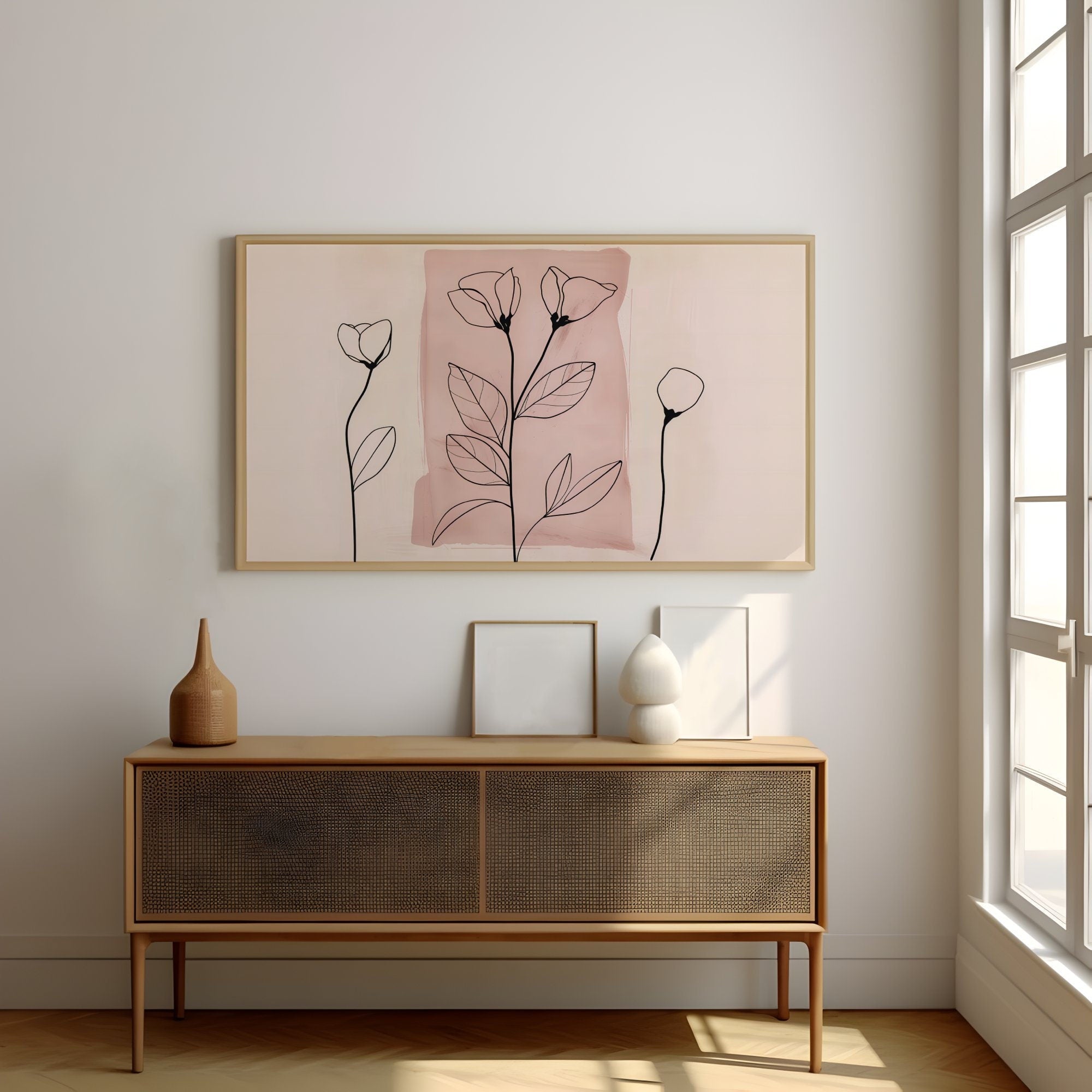 Blushing Botanicals: Elegant Pink Line Art Print | Chic & Minimalist Floral Wall Decor
