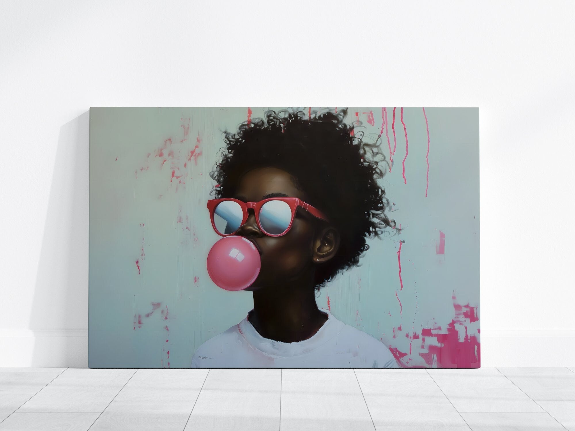 African American with Glasses Blowing Bubble Gum Modern Portrait Interactive Wall Art