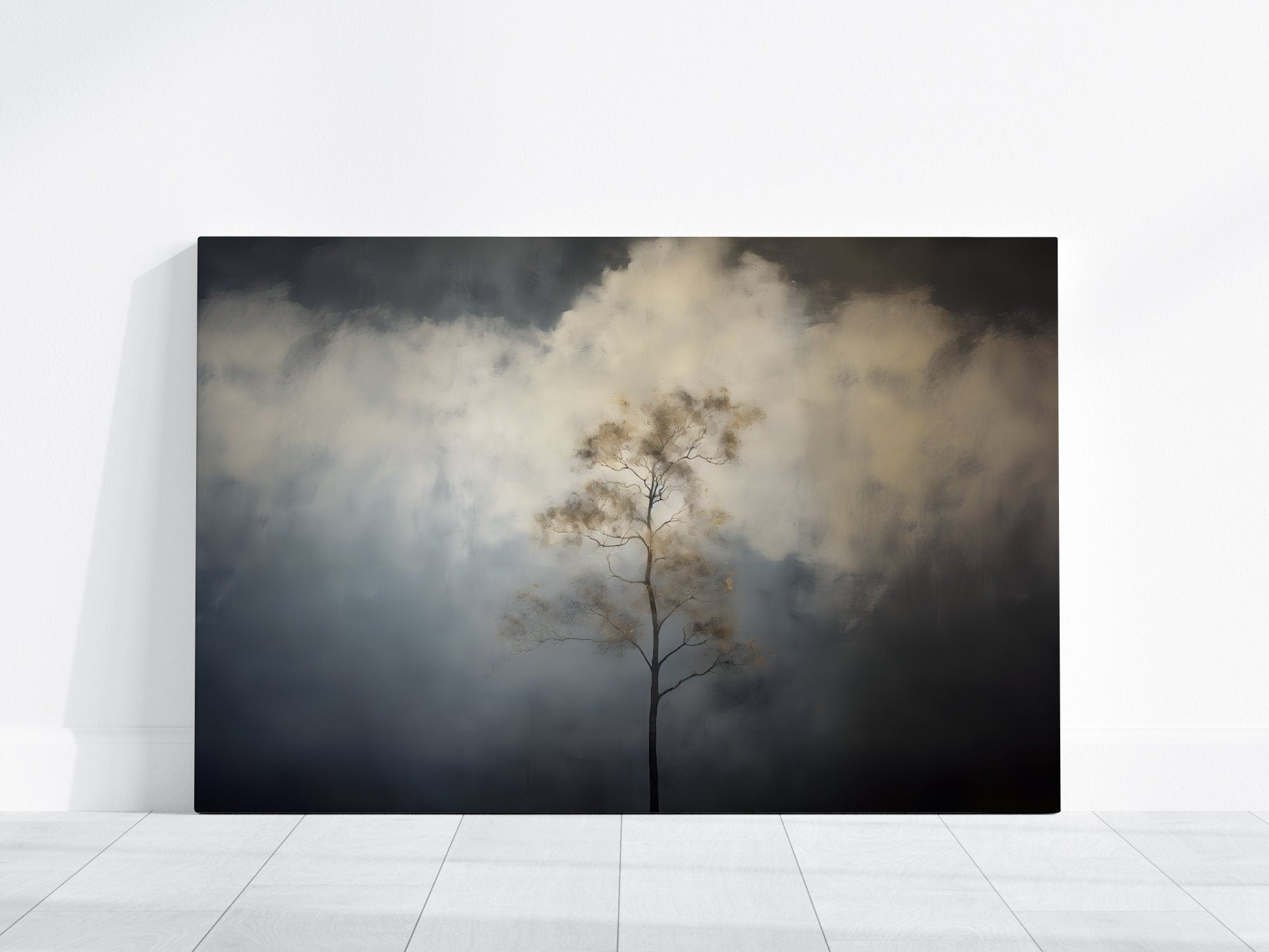 The Watcher: Vintage Moody Tree & Cloud Art | Minimalist & Serene Wall Decor