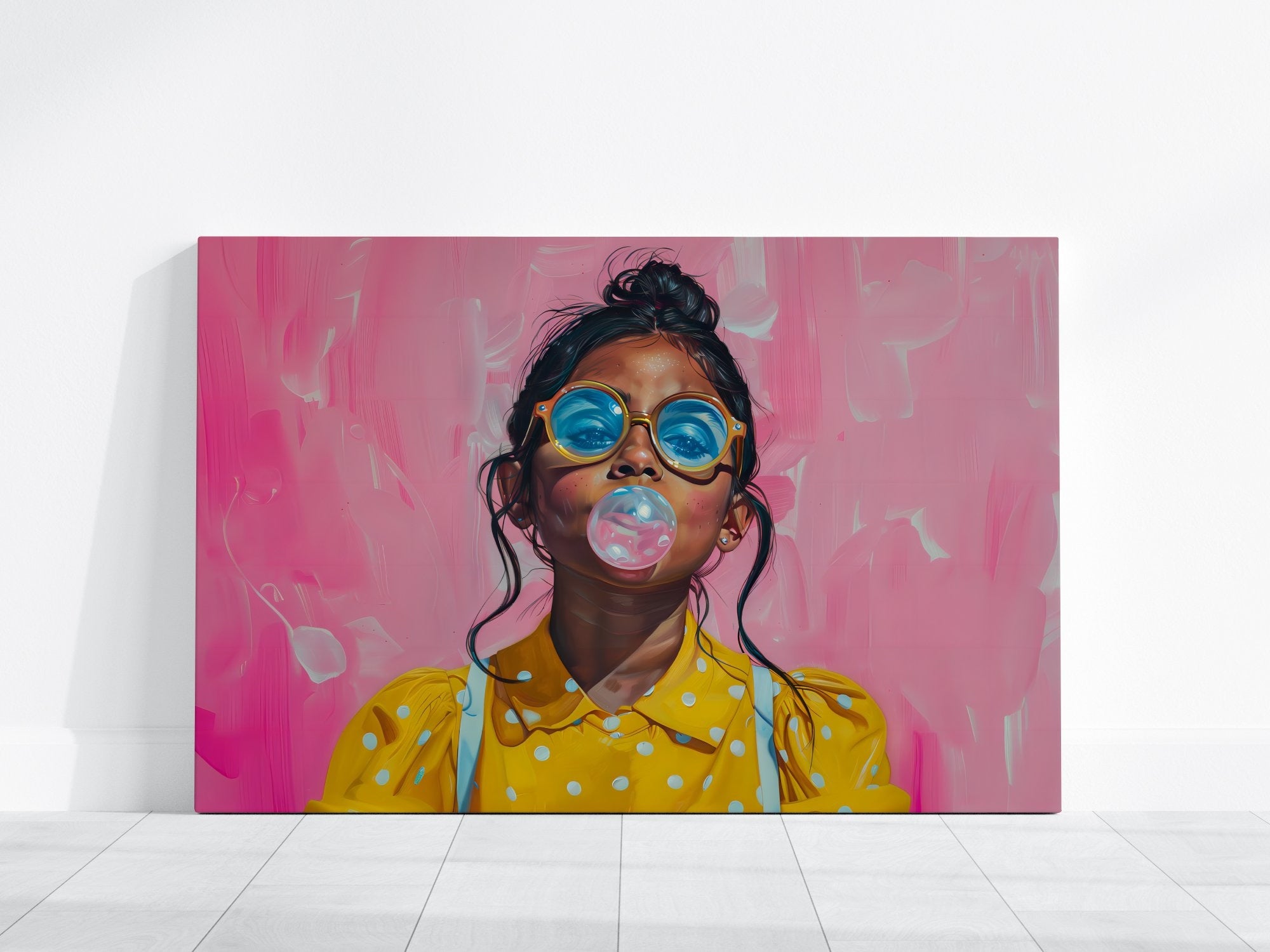 Latina Girl with Glasses Blowing Bubble Gum Vibrant Interactive Wall Art