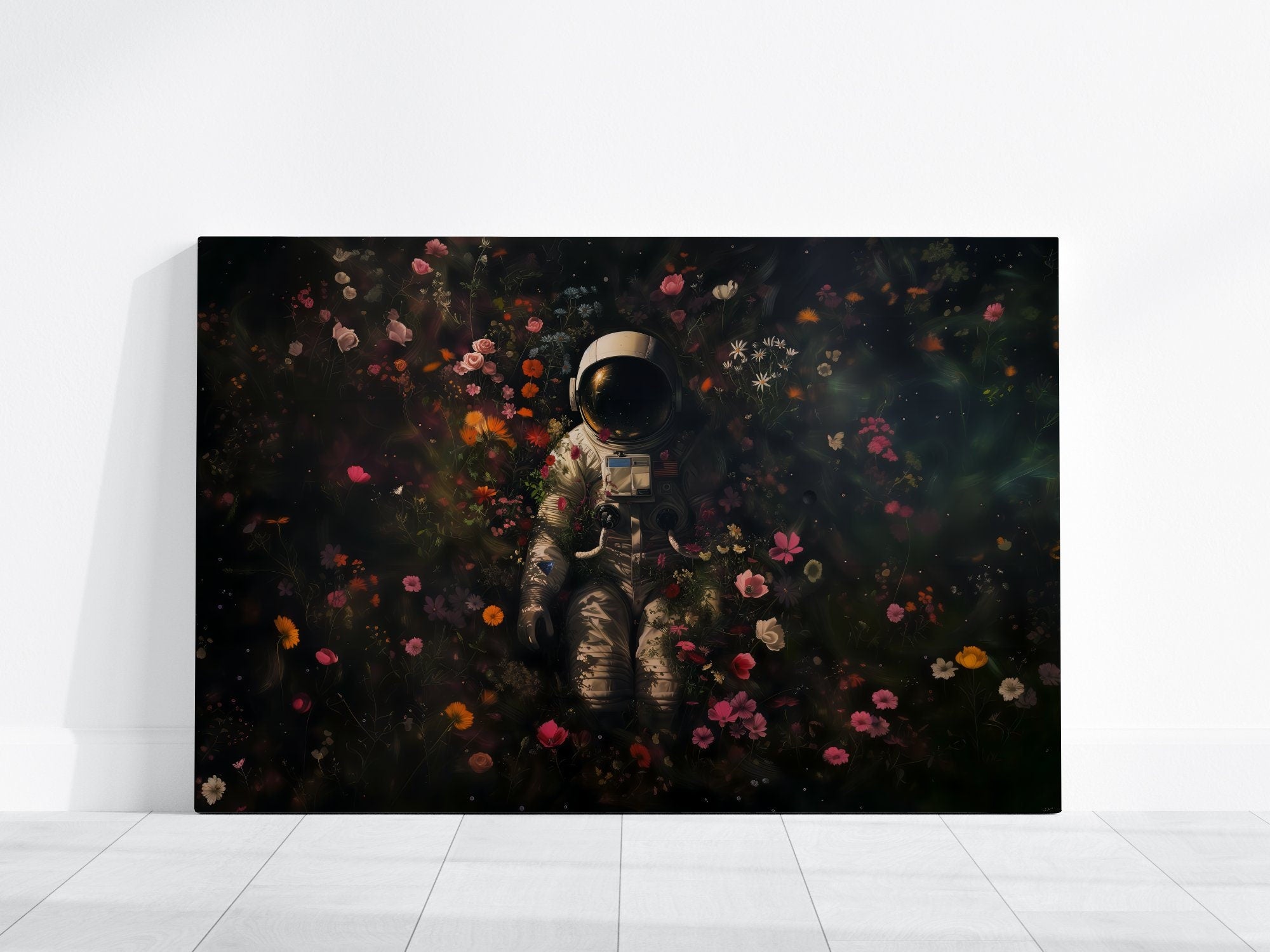 Astronaut with Floral Covering Dark Hue Interactive Wall Art