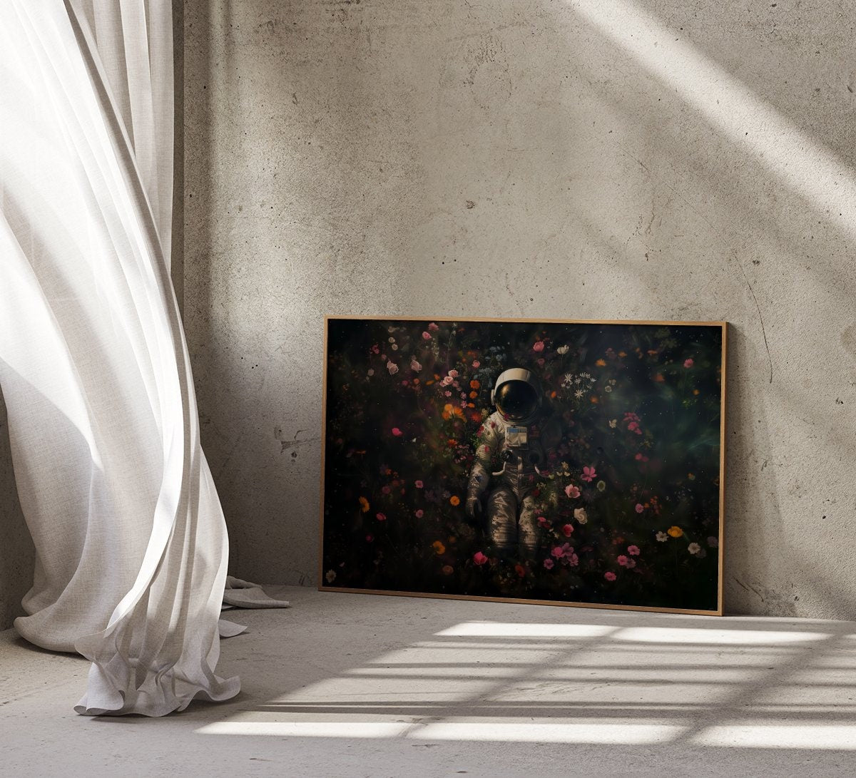 Astronaut with Floral Covering Dark Hue Interactive Wall Art