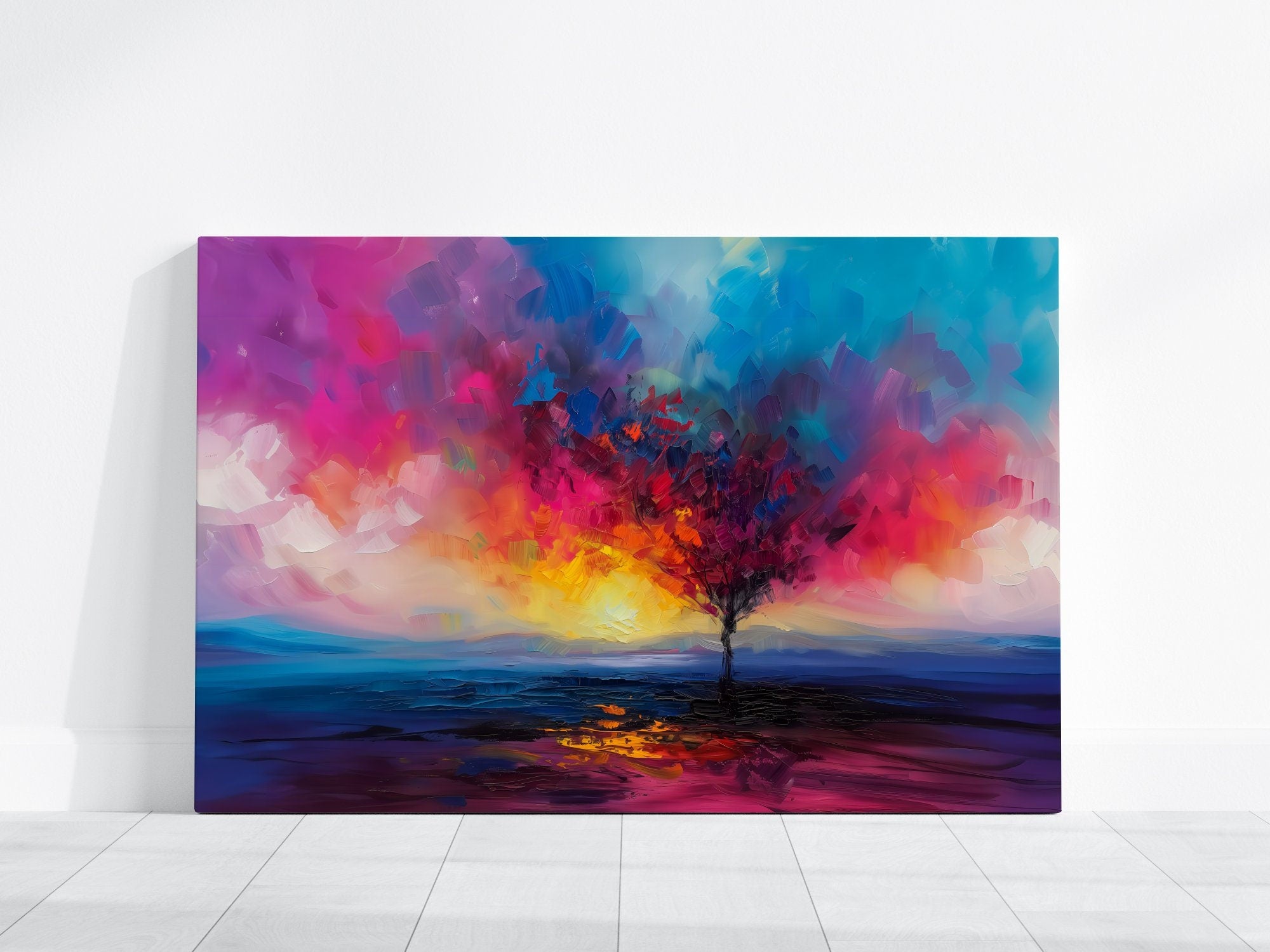 Vibrant Tree Art Colorful Leaves on White Background Interactive Wall Art