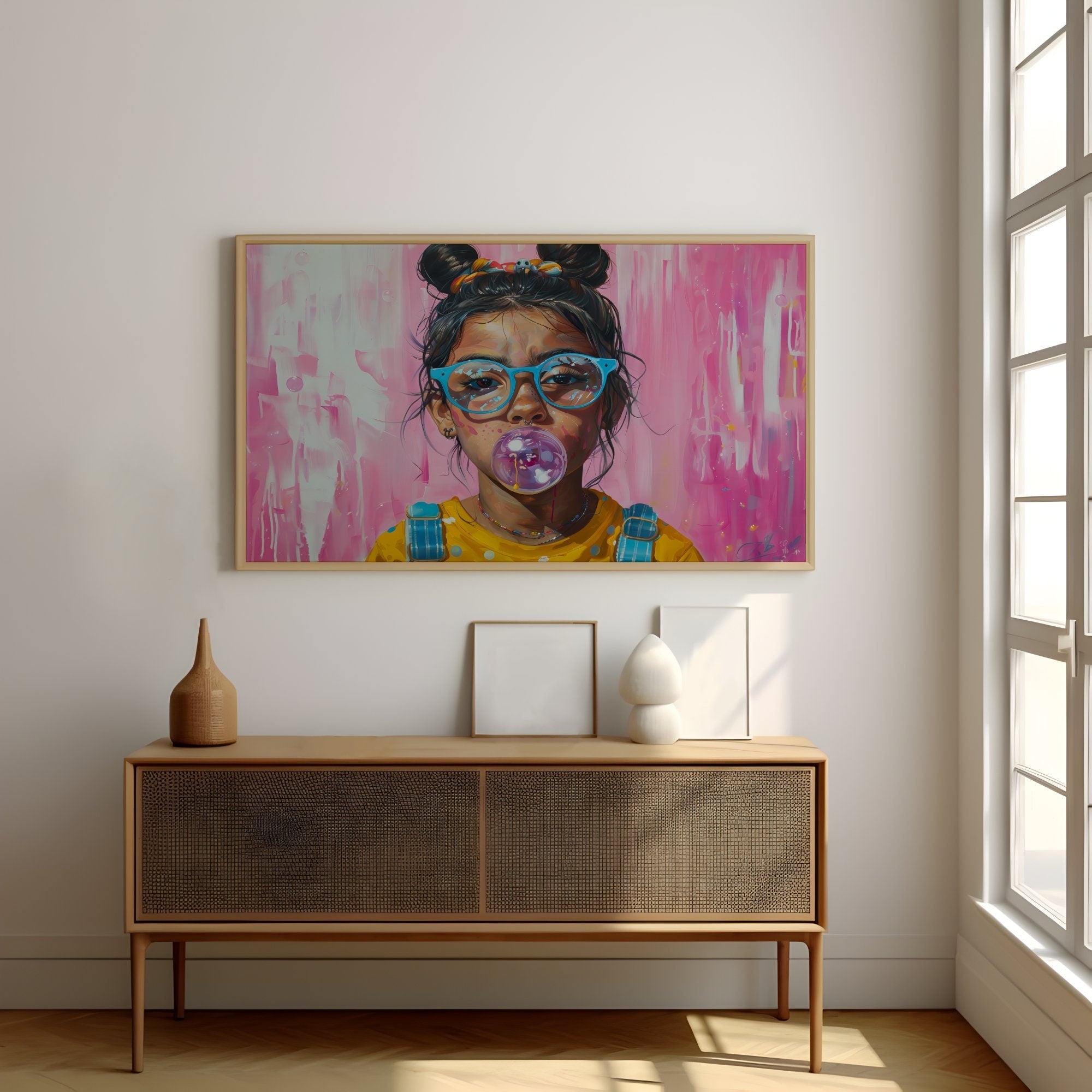 Latina Girl with Glasses Blowing Bubble Gum Interactive Wall Art