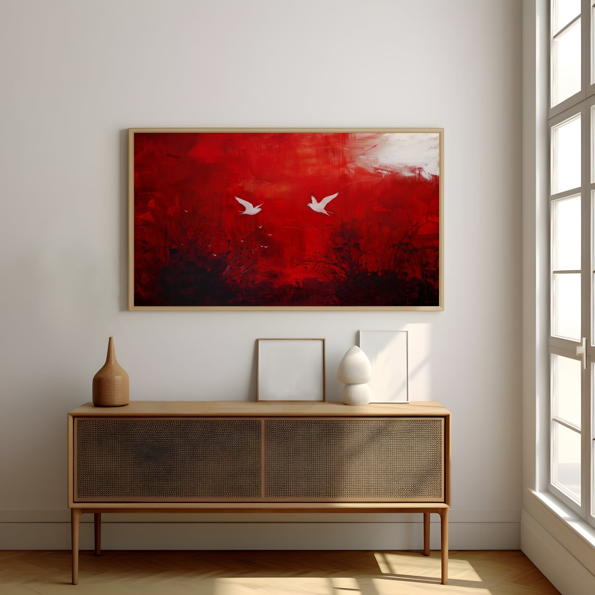 Pure Red Surrealist Crimson Sky Interactive Wall Art