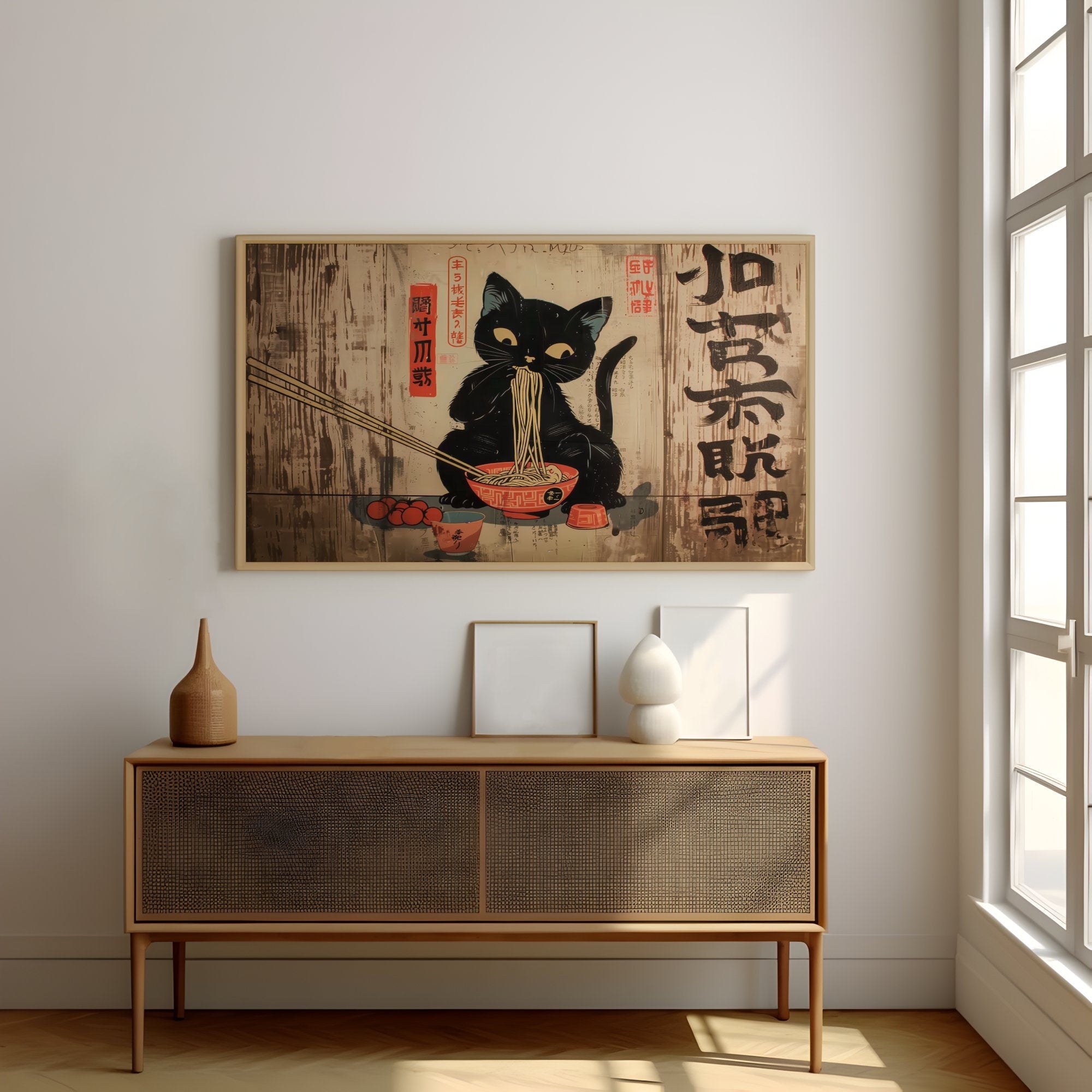 The Noodle Master: Whimsical Black Cat & Ramen Art | Japanese Edo Period, Modern Farmhouse Decor