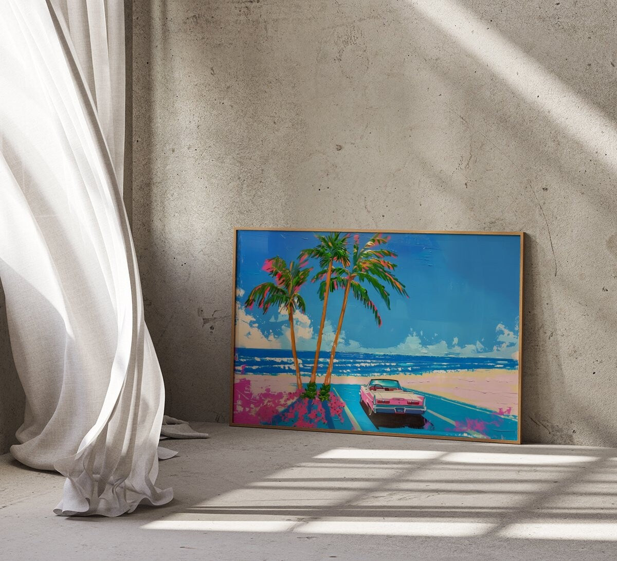 Car by Beach Vibrant Summer Vibes Art with Cute Trendy Style Interactive Wall Art