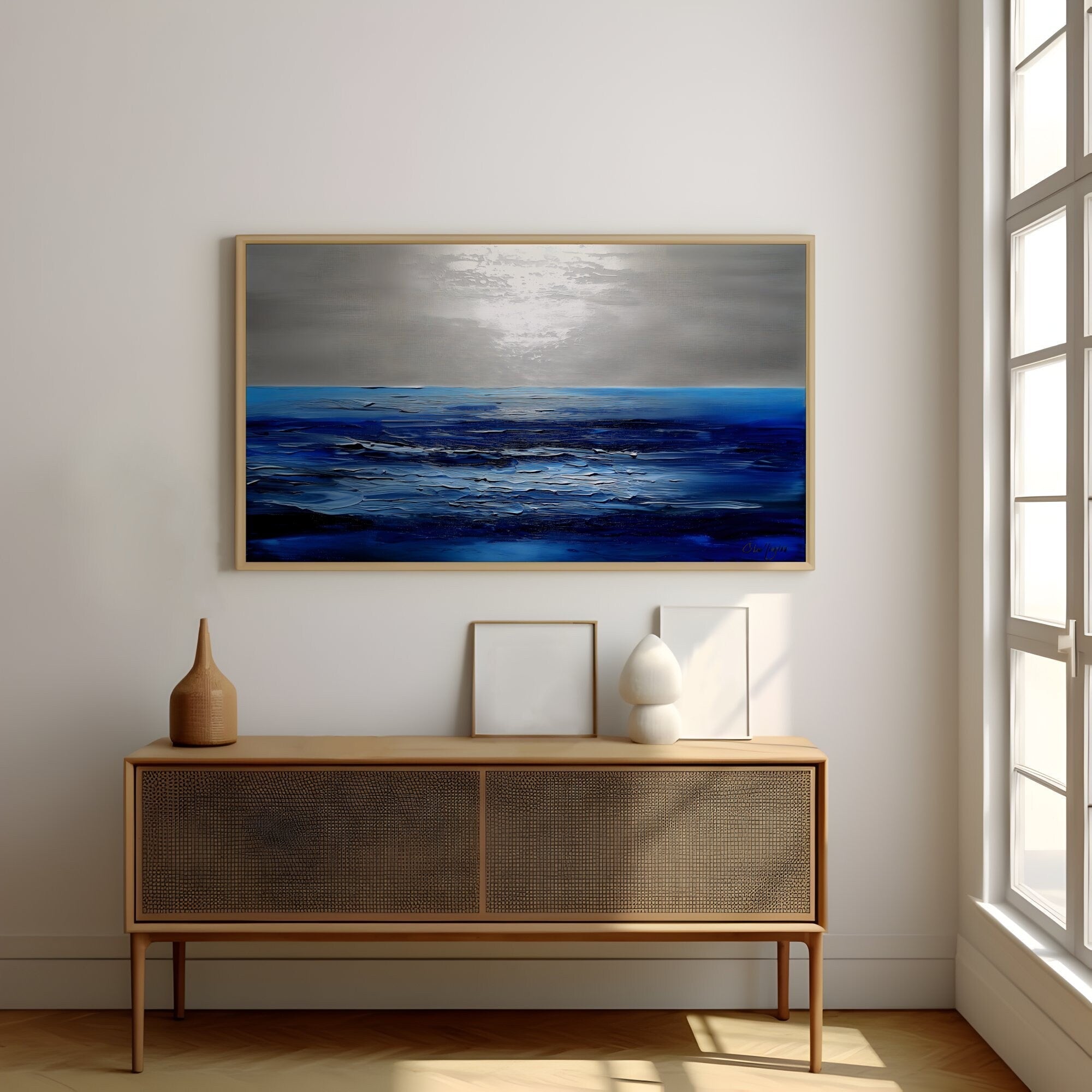 The Azure Horizon: Persian Blue & Silver Abstract Seascape | Serene & Modern Oceanic Art