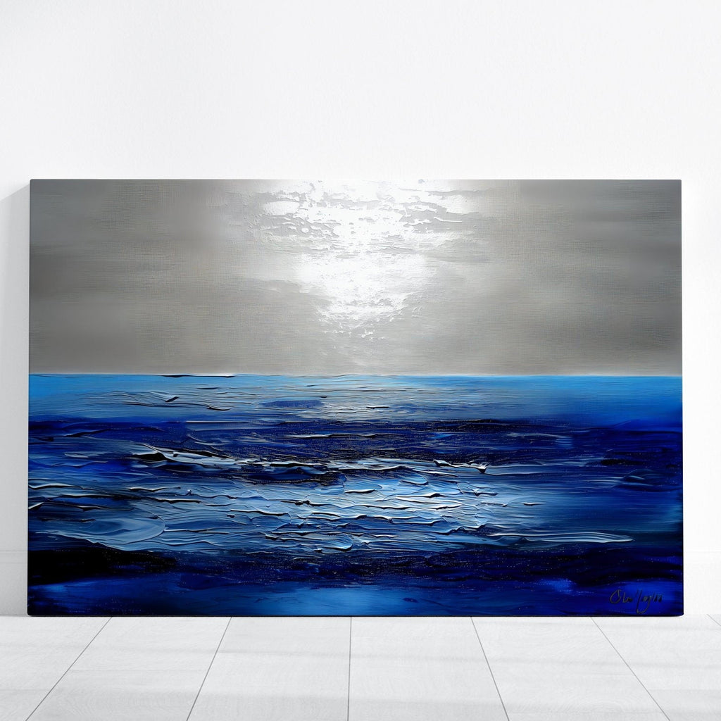 The Azure Horizon: Persian Blue & Silver Abstract Seascape | Serene & Modern Oceanic Art
