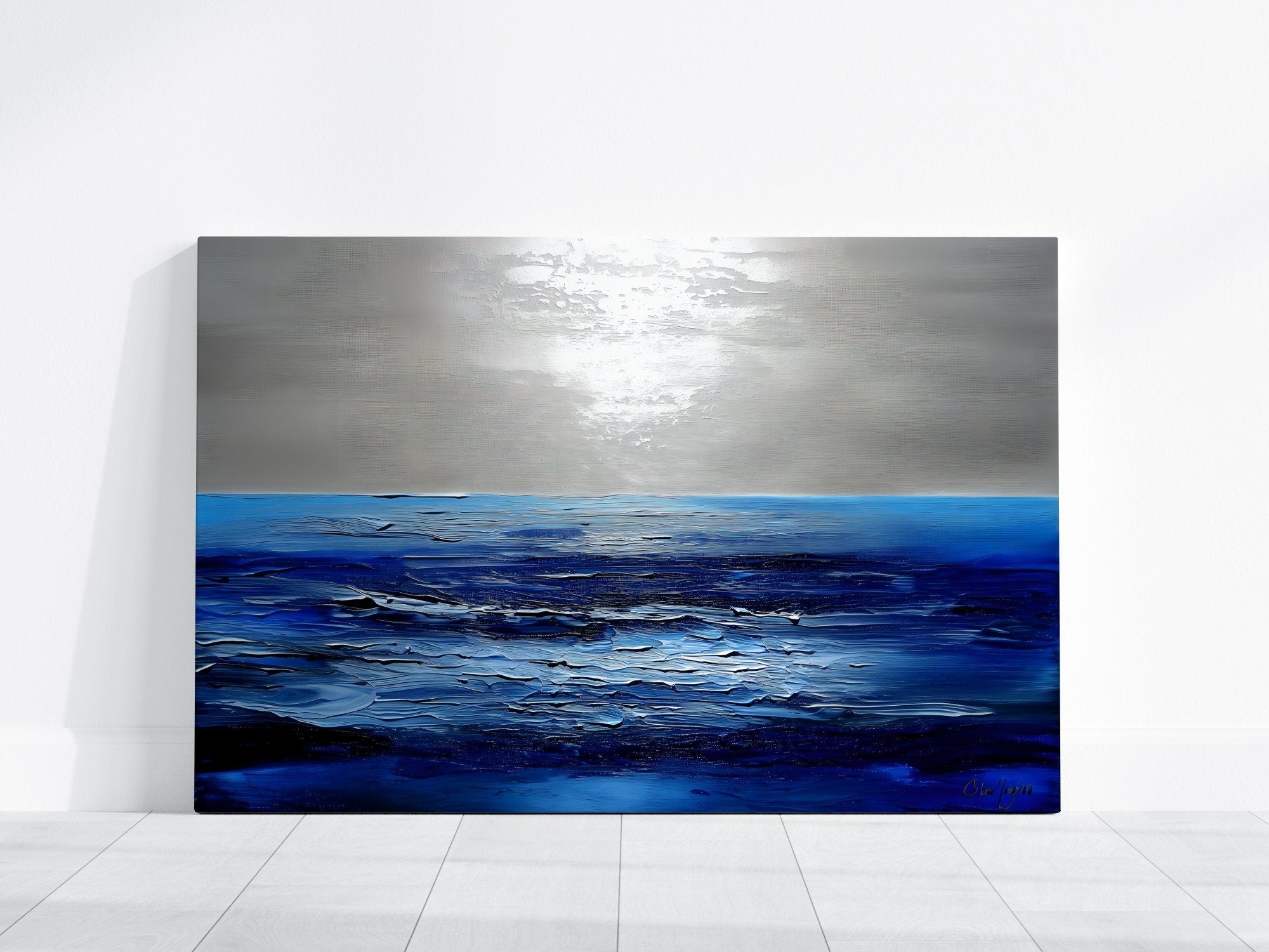 The Azure Horizon: Persian Blue & Silver Abstract Seascape | Serene & Modern Oceanic Art