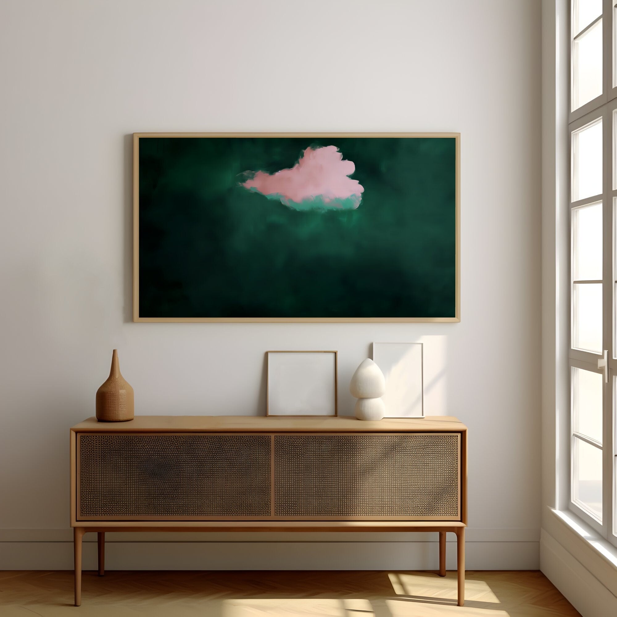 Emerald Green & Pink Cloud Art Abstract Minimalist Interactive Wall Art