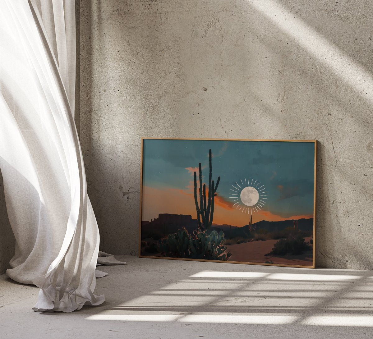 Desert Dream: Sun and Moon Cactus Art | Boho Southwest Joshua Tree Landscape