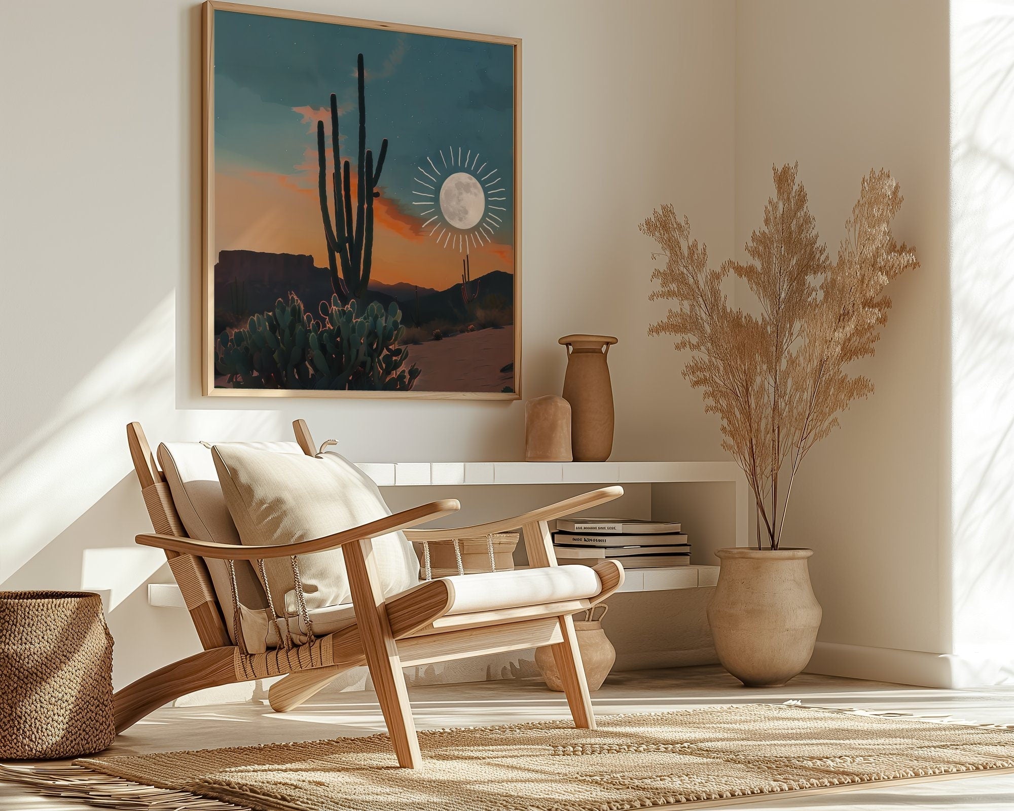 Desert Dream: Sun and Moon Cactus Art | Boho Southwest Joshua Tree Landscape