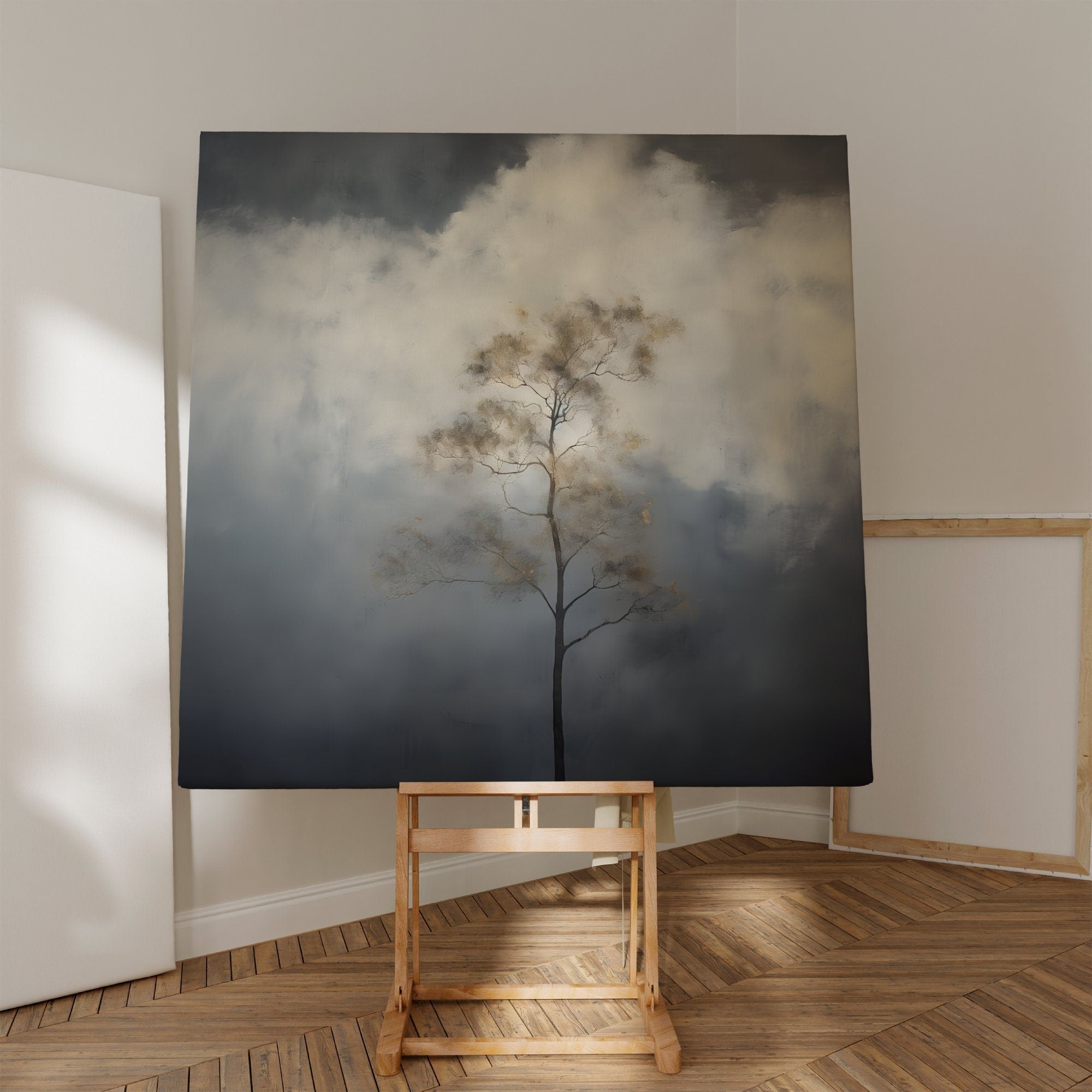 The Watcher: Vintage Moody Tree & Cloud Art | Minimalist & Serene Wall Decor
