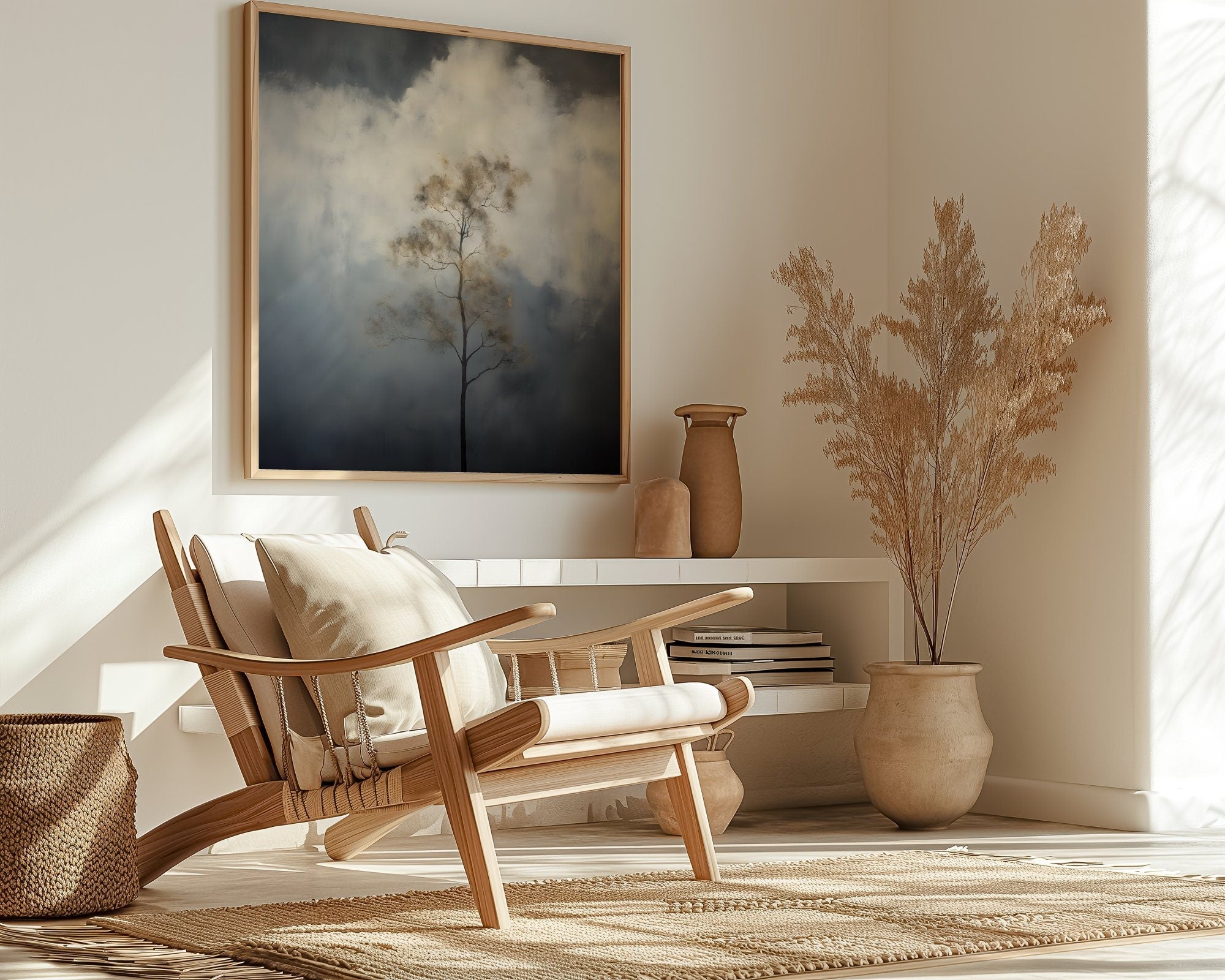 The Watcher: Vintage Moody Tree & Cloud Art | Minimalist & Serene Wall Decor