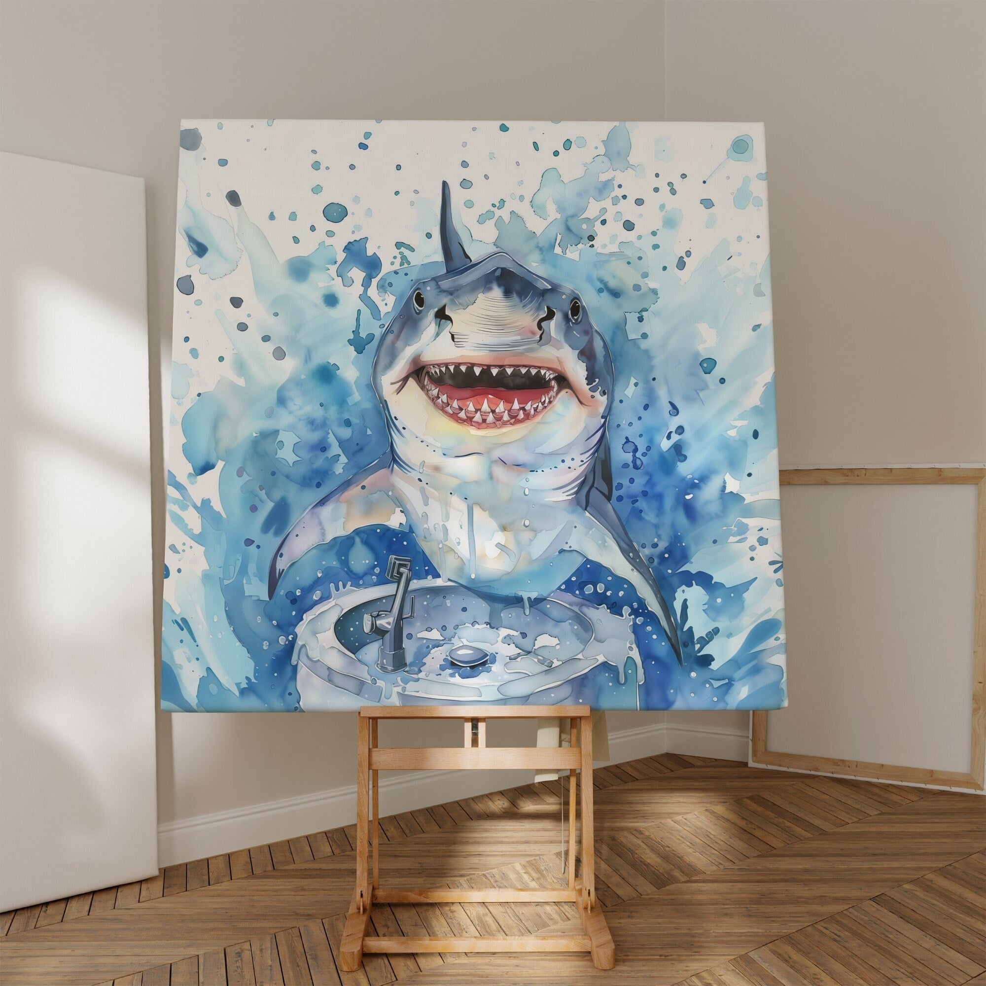 The Gentle Shark: Whimsical Shark Washing Hands Watercolor | Funny & Modern Nautical Bathroom Decor