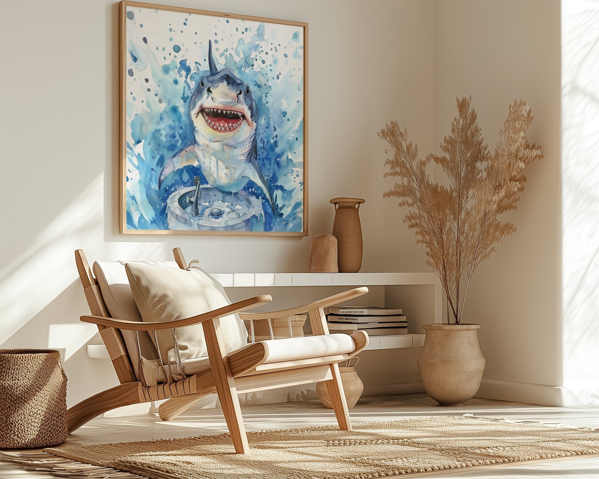 The Gentle Shark: Whimsical Shark Washing Hands Watercolor | Funny & Modern Nautical Bathroom Decor