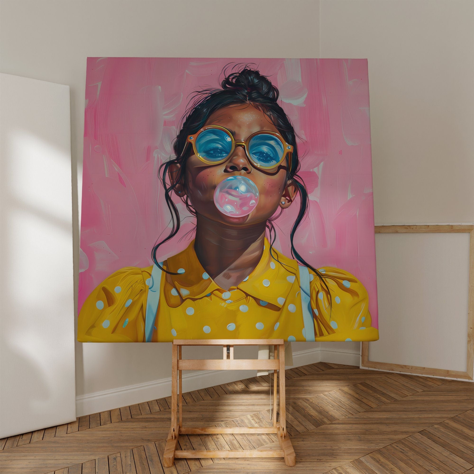 Latina Girl with Glasses Blowing Bubble Gum Vibrant Interactive Wall Art