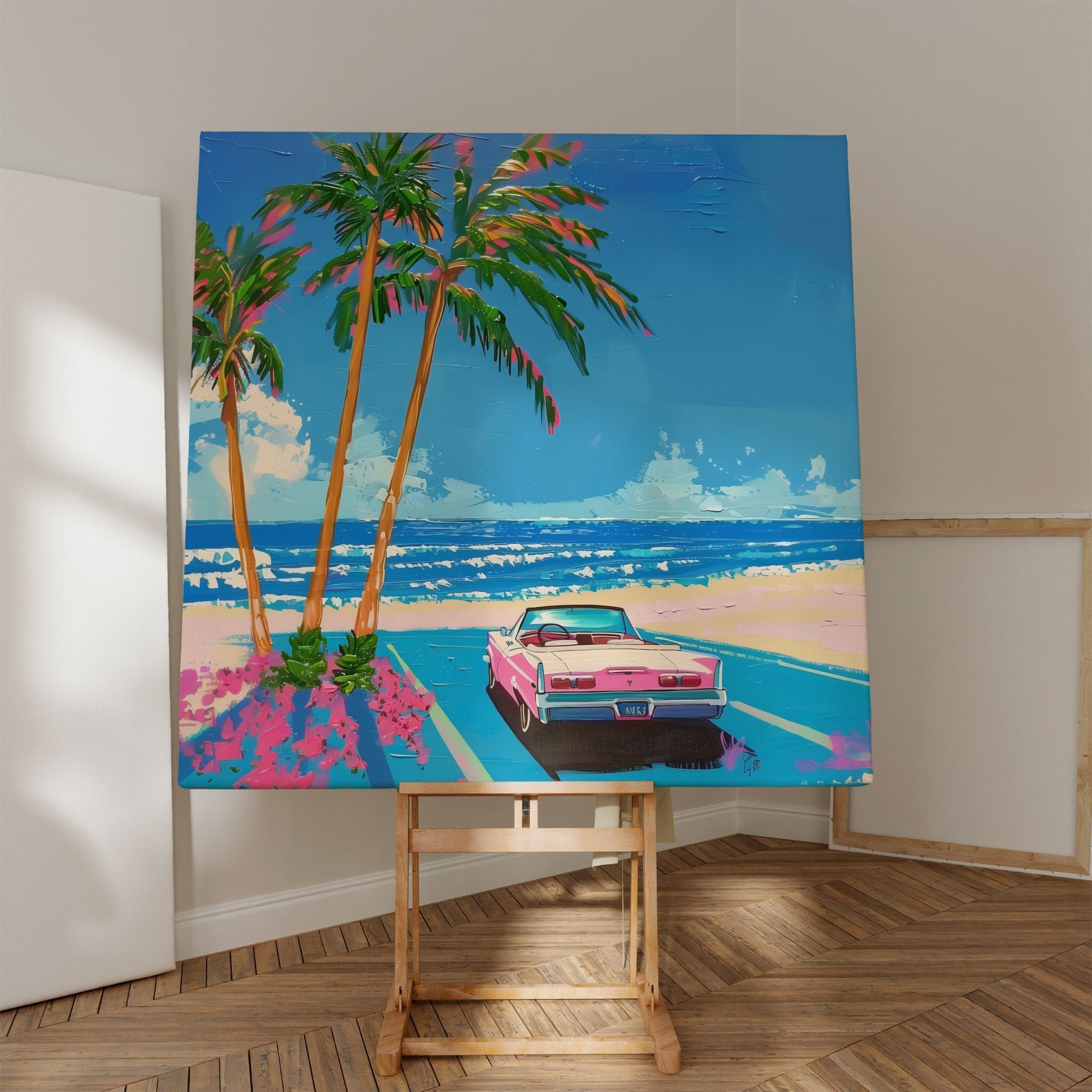 Car by Beach Vibrant Summer Vibes Art with Cute Trendy Style Interactive Wall Art