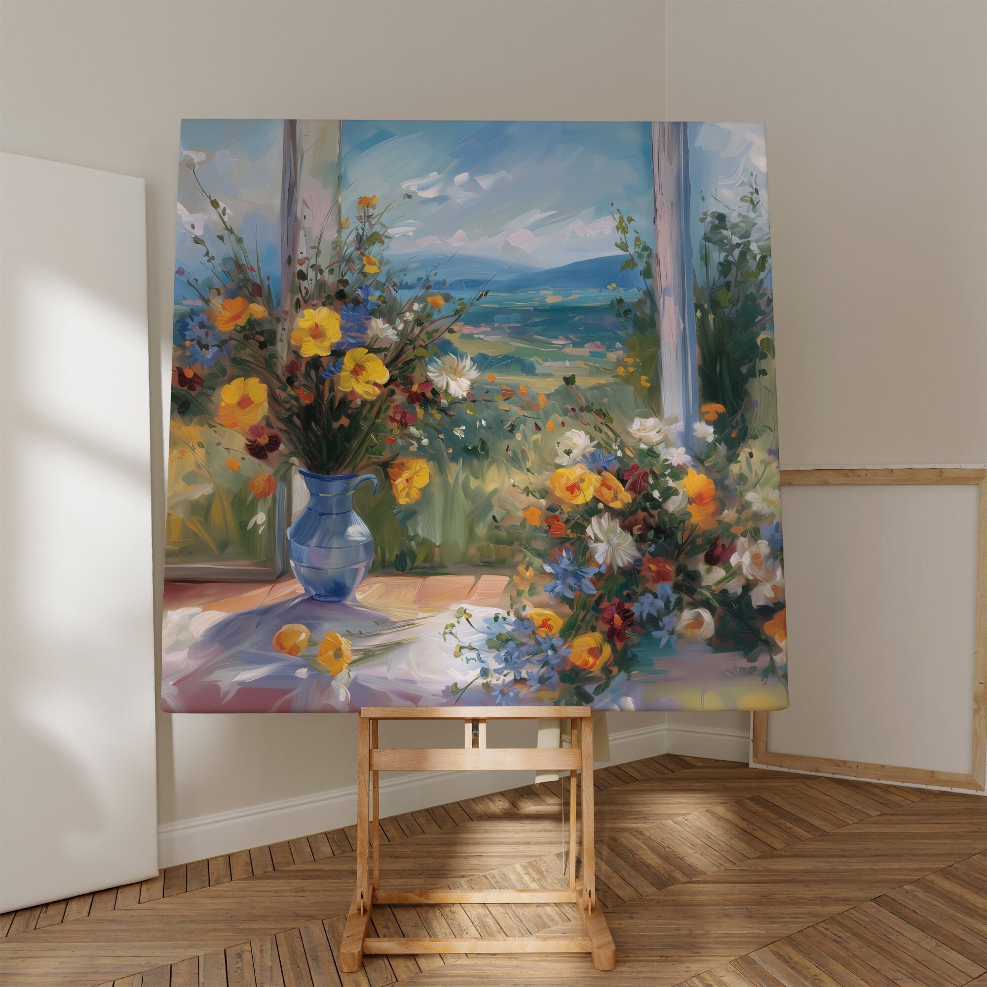 The Sanctuary Window: Cascading Flowers & Landscape View | Serene & Peaceful Wall Art