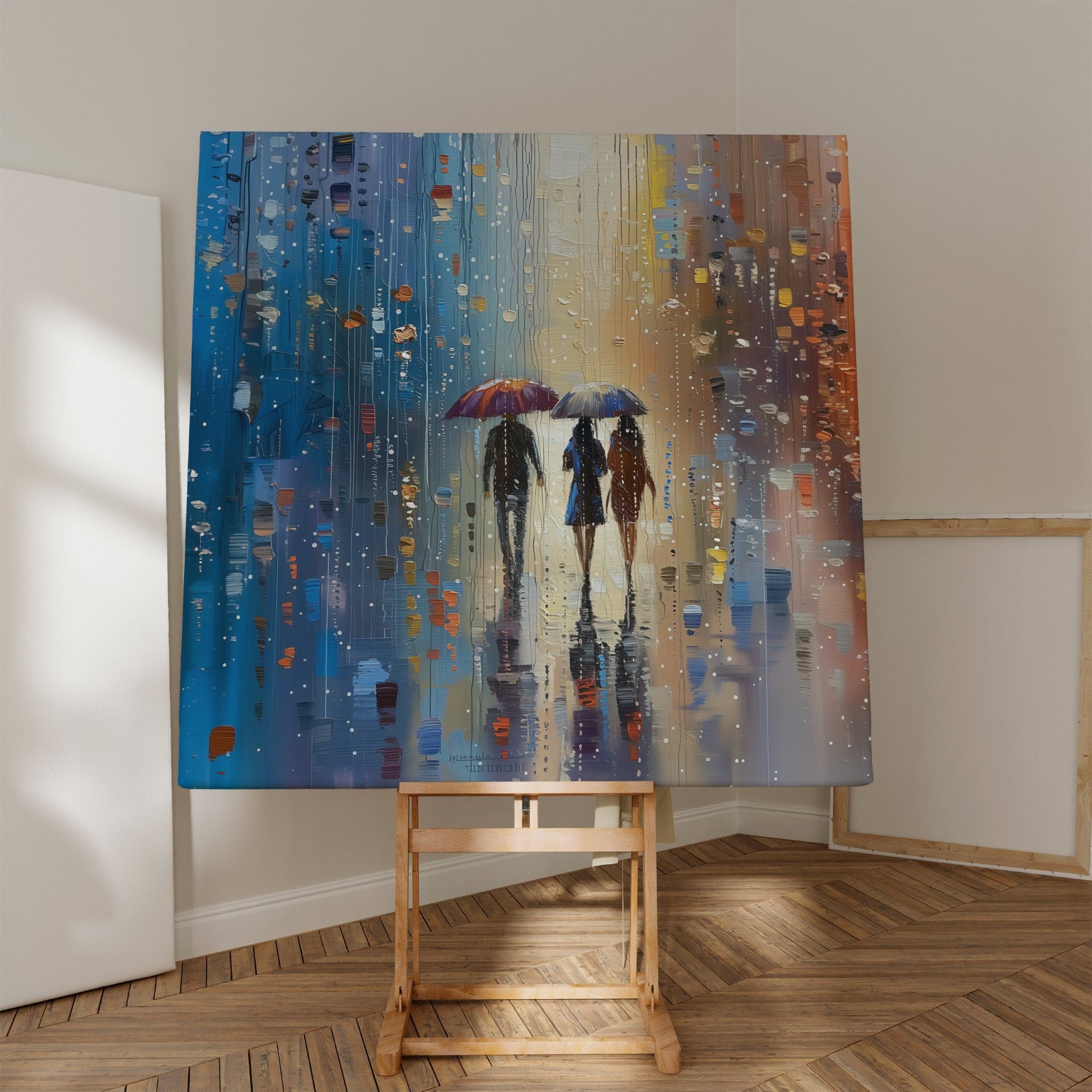 People Walking in the Rain Atmospheric Urban Scene Interactive Wall Art