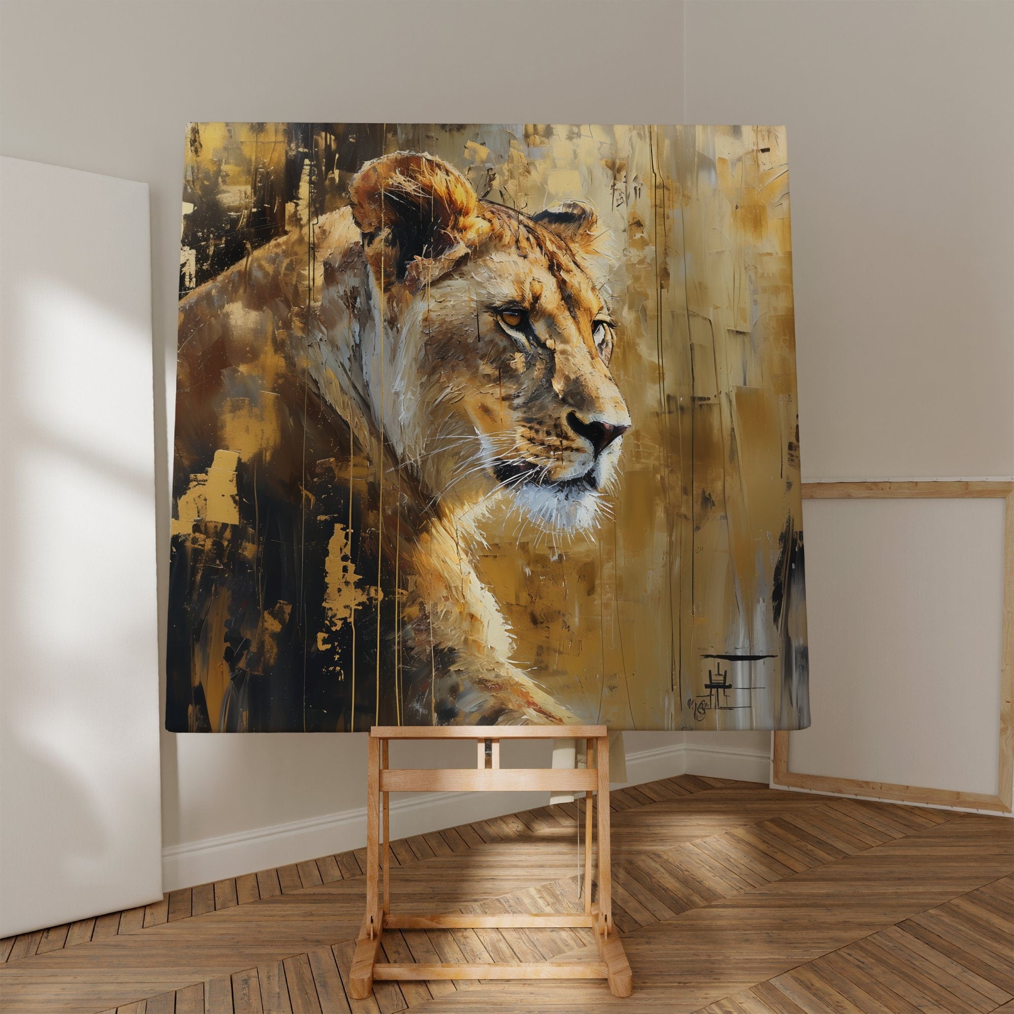 Temporal Impressionism Lioness Gold & White Abstract Interactive Wall Art