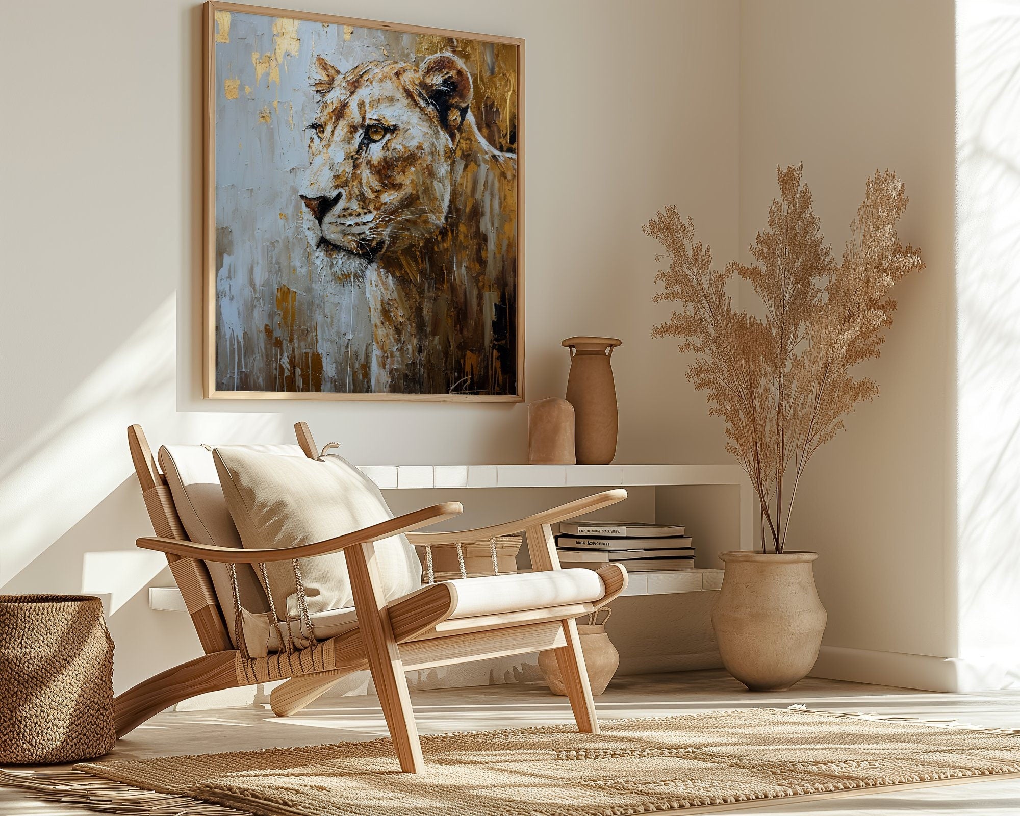 The Golden Queen: Majestic Lioness Abstract | Modern Farmhouse & Temporal Impressionist Art
