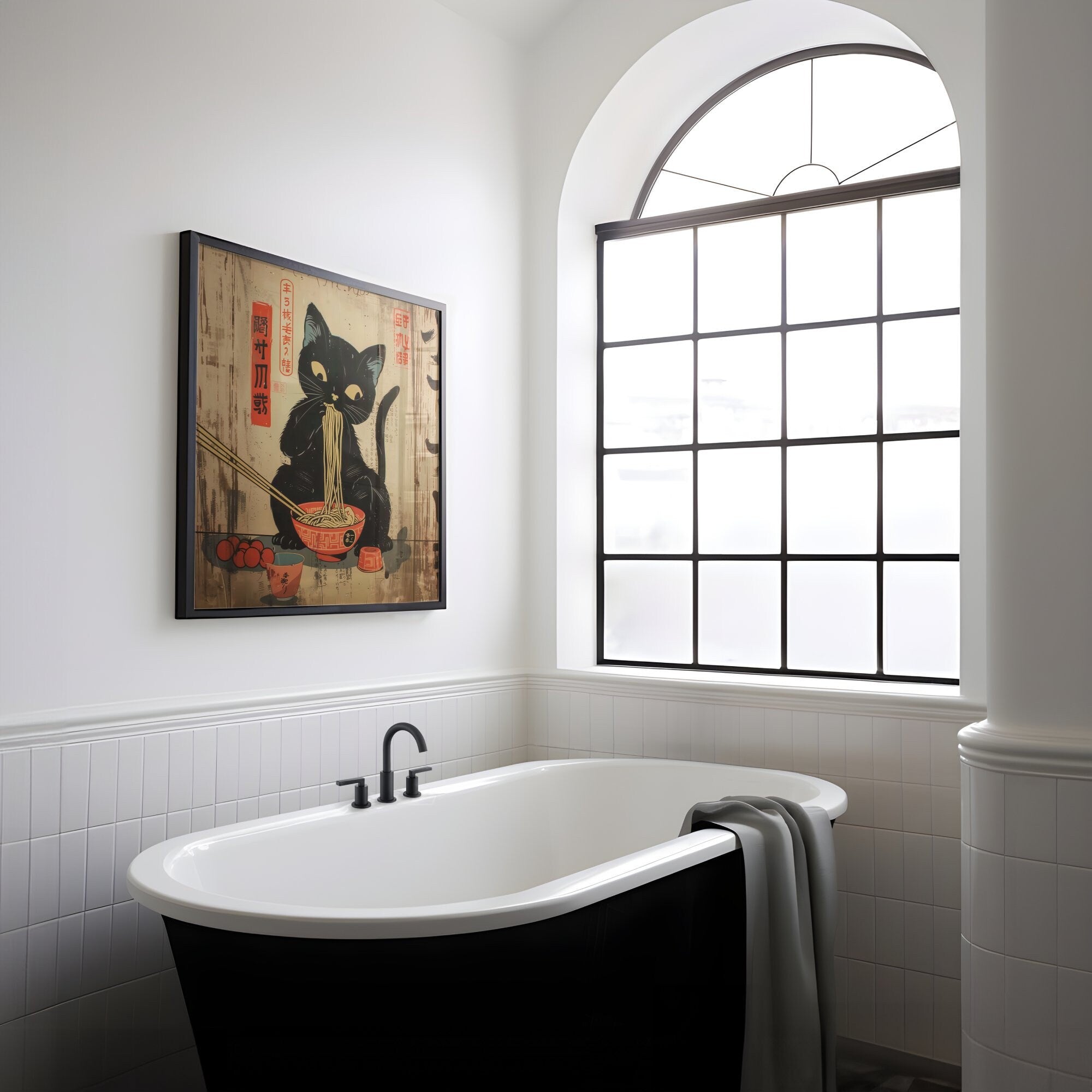 The Noodle Master: Whimsical Black Cat & Ramen Art | Japanese Edo Period, Modern Farmhouse Decor