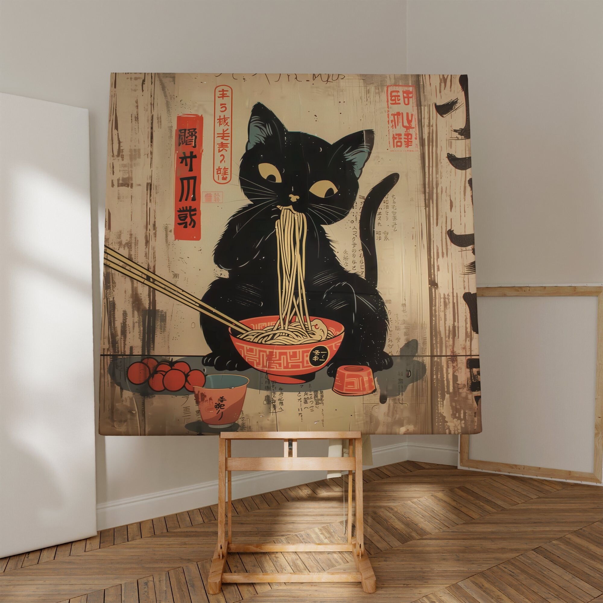 The Noodle Master: Whimsical Black Cat & Ramen Art | Japanese Edo Period, Modern Farmhouse Decor