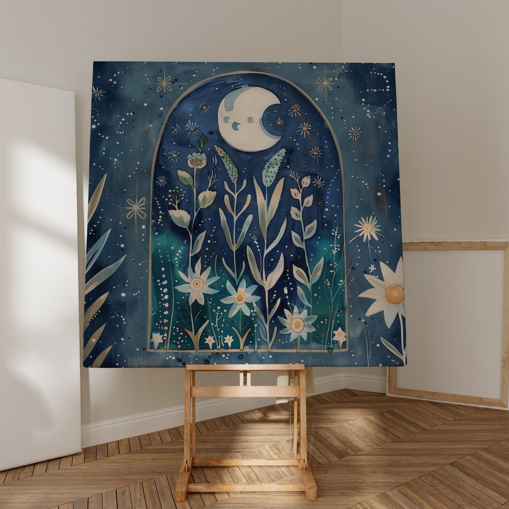 The Celestial Garden: Moon Phase & Floral Star Art | Boho, Spiritual & Vintage Wall Decor