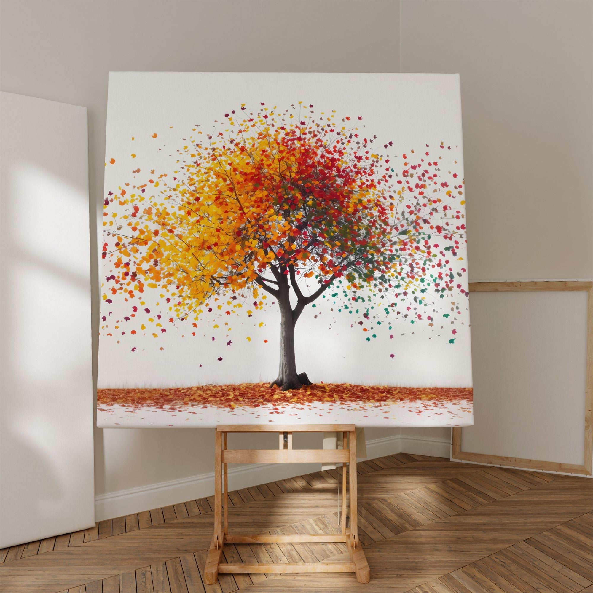 Vibrant Tree Art Colorful Leaves on White Background Interactive Wall Art