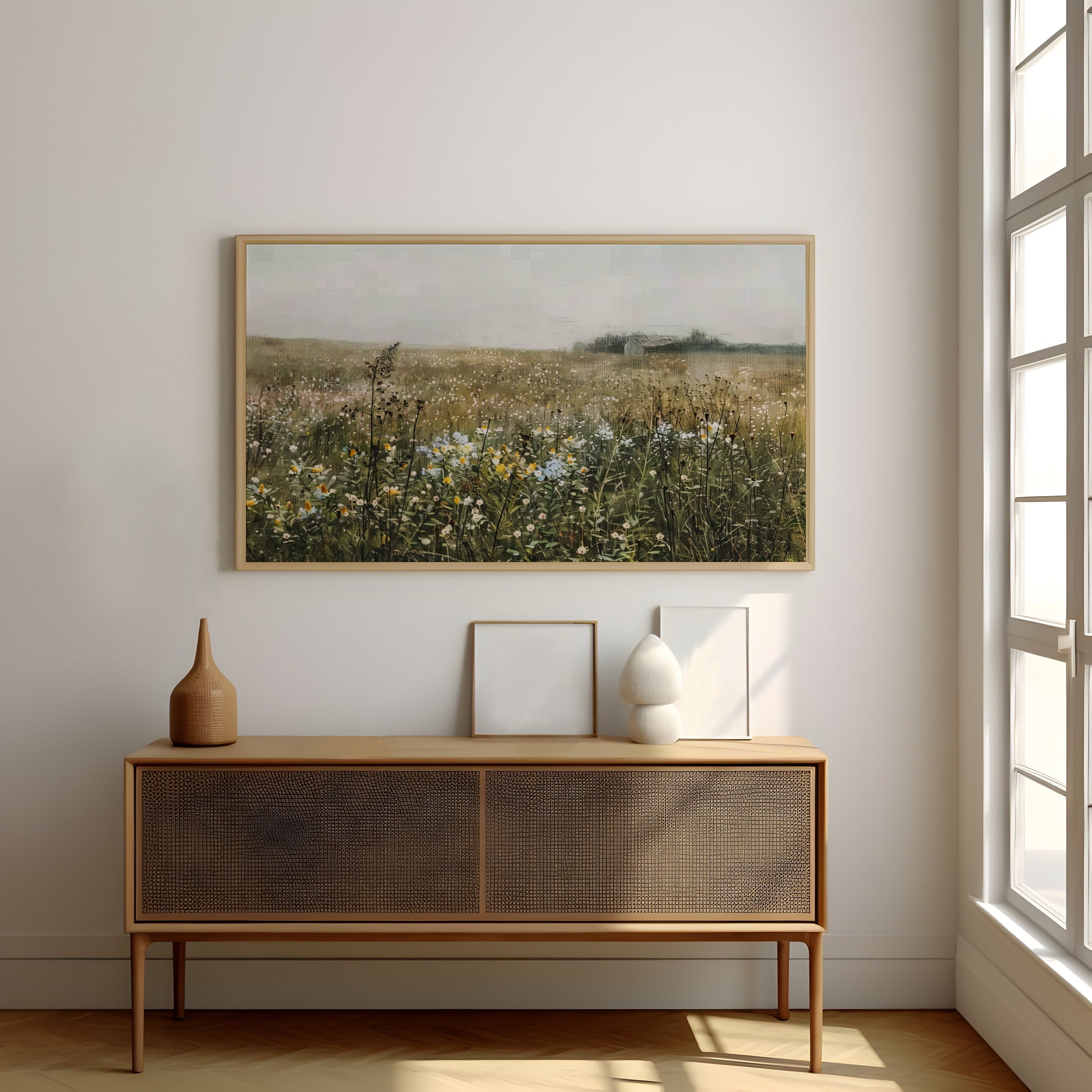 Whispers of Dawn: Impressionist Wildflower Field & Barn Art | Serene & Nostalgic Farmhouse Decor