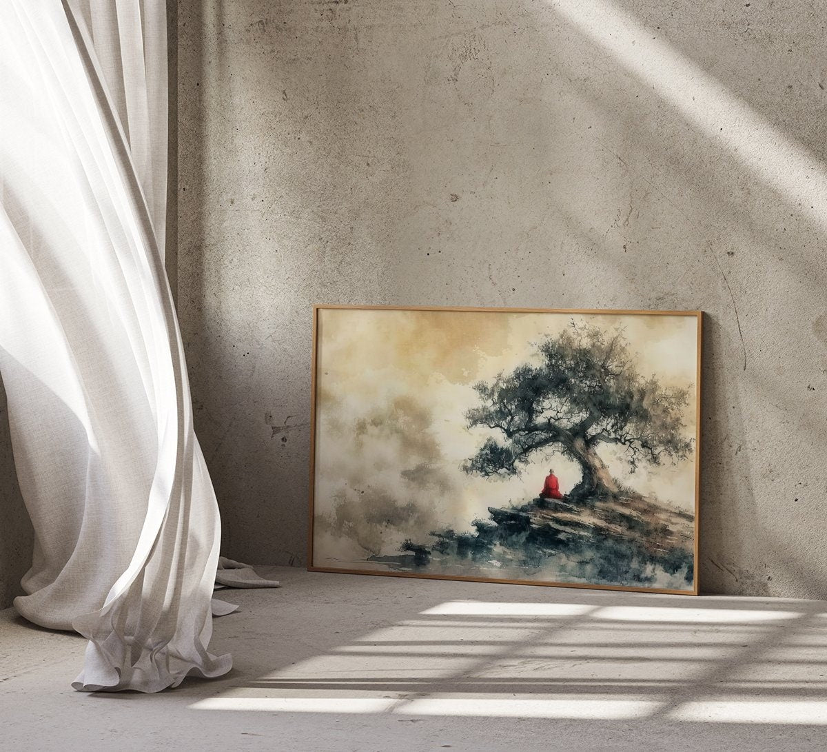 The Ancient Path: Meditating Monk Under Tree Watercolor | Serene & Spiritual Zen Art