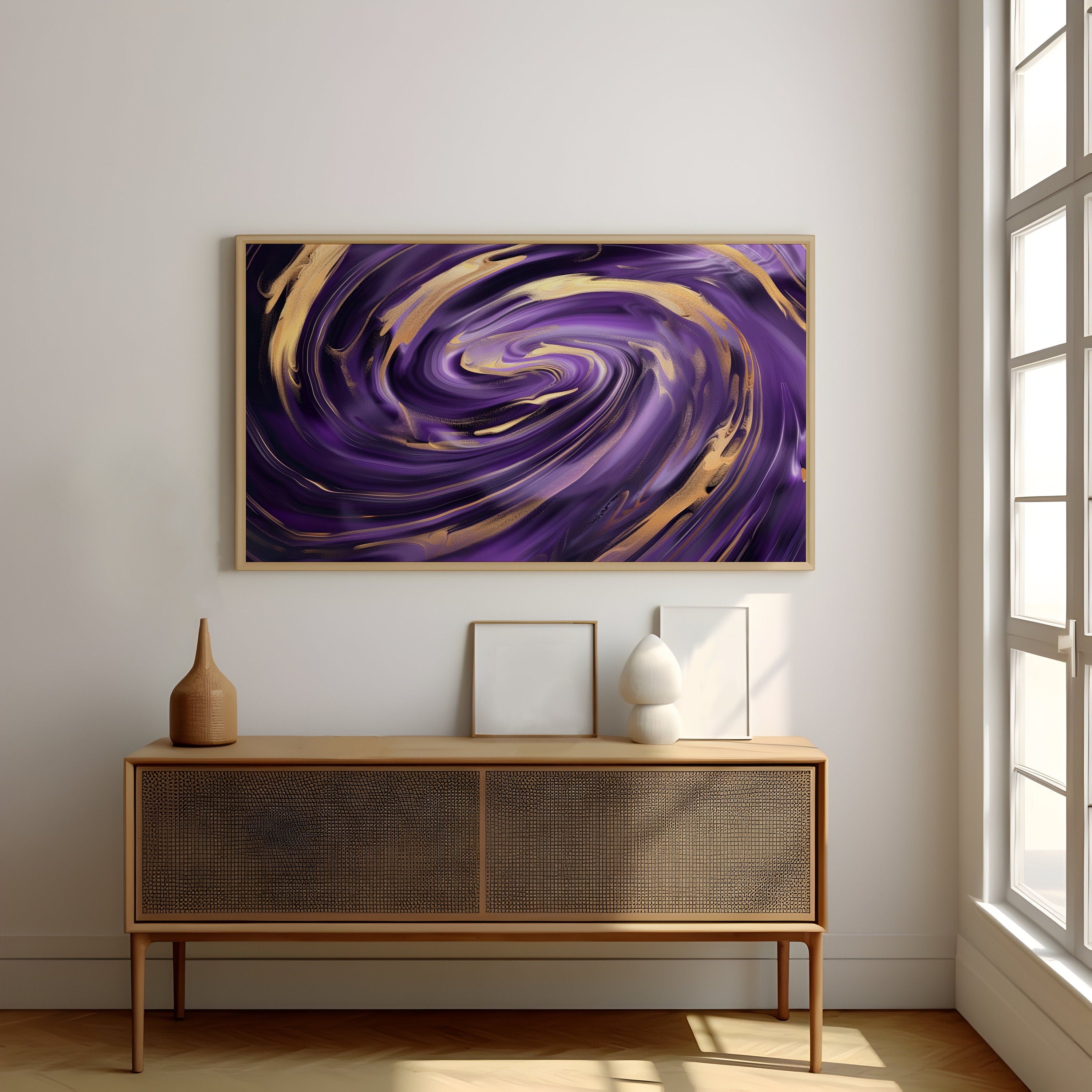 Ethereal Whirl in Purple and Gold Illustrations Interactive Wall Art