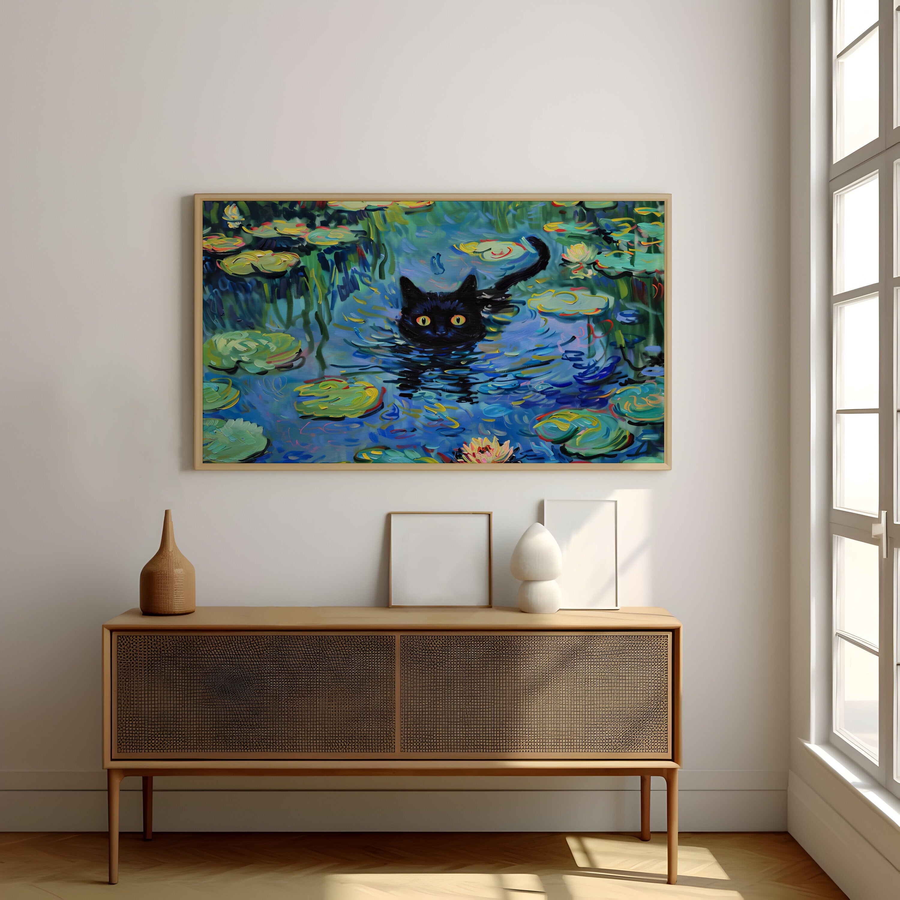 Monet's Prowler Black Cat Among Water Lilies Interactive Wall Art