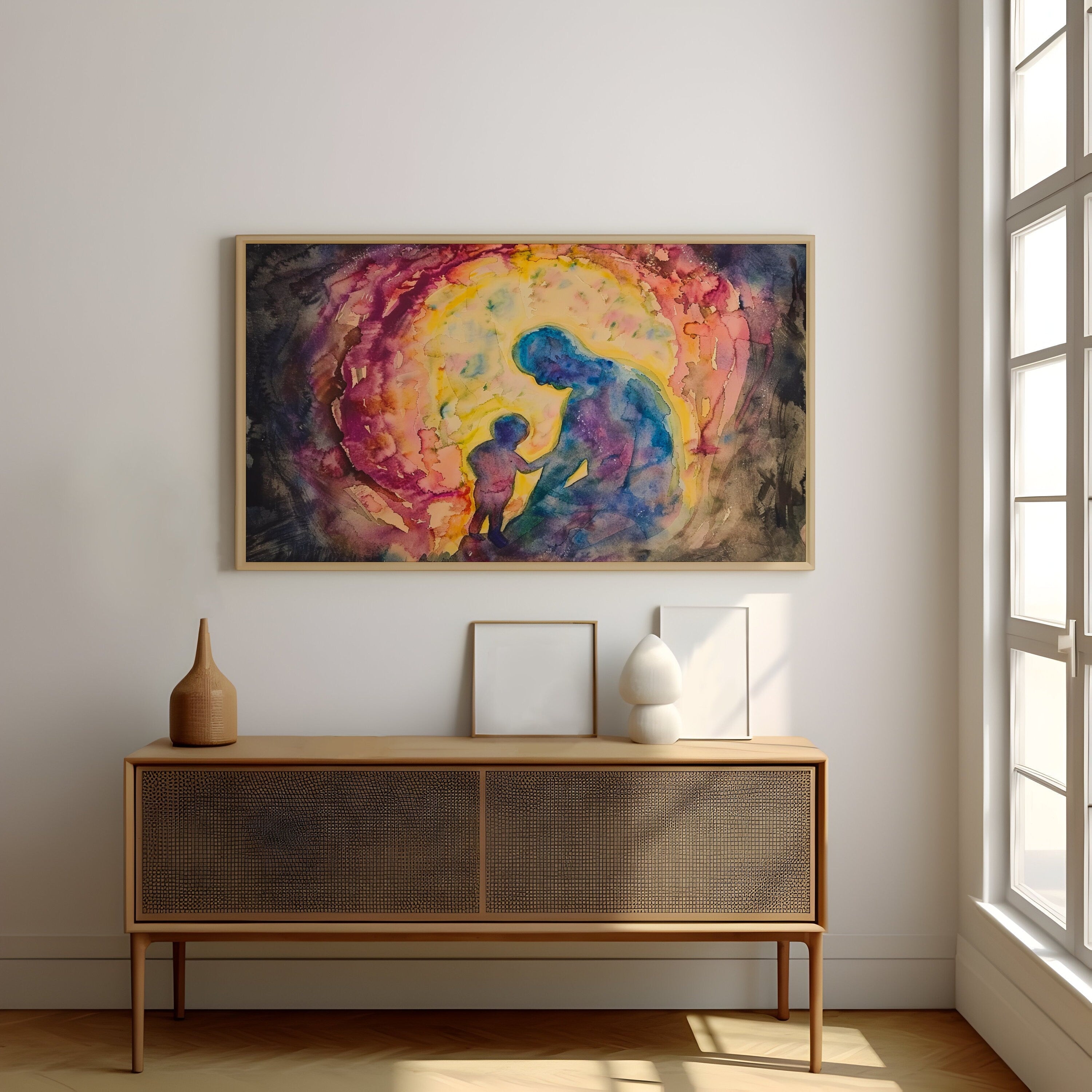 The Eternal Bond: Father and Son Silhouette Watercolor | Heartfelt & Modern Family Wall Art