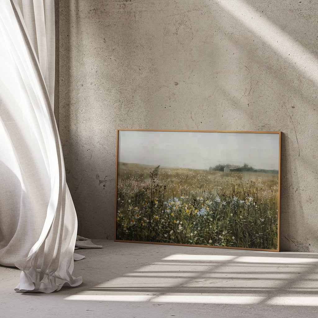 Whispers of DawnWildflowers in the Mist with Distant Barn Interactive Wall Art