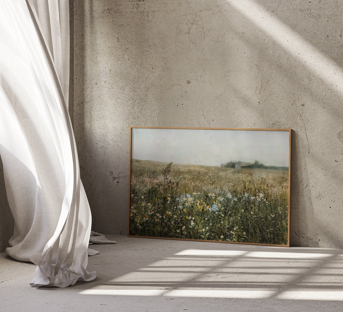 Whispers of Dawn: Impressionist Wildflower Field & Barn Art | Serene & Nostalgic Farmhouse Decor
