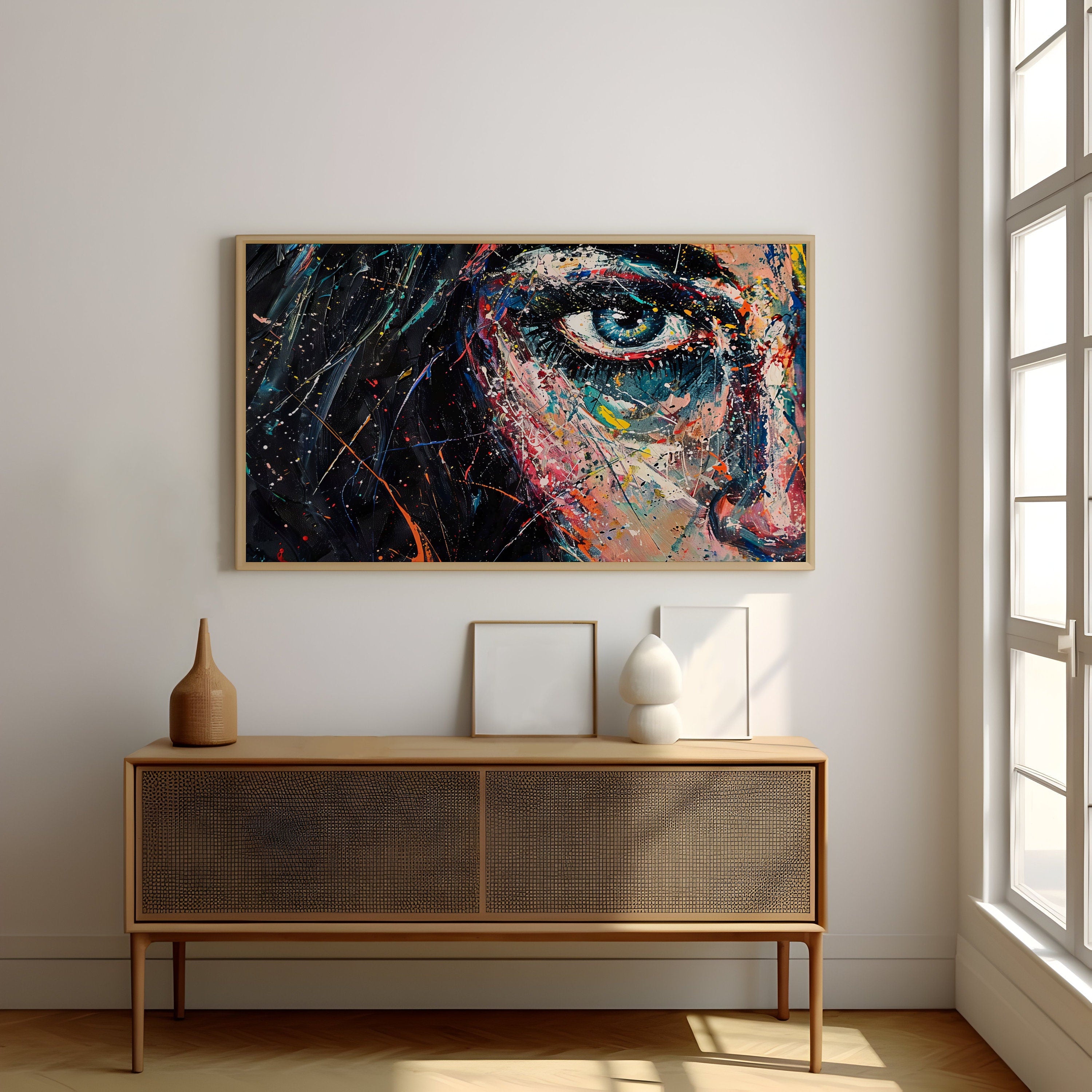 Expressive Gaze Colorful Impasto Oil Painting of a Woman's Eye Interactive Wall Art