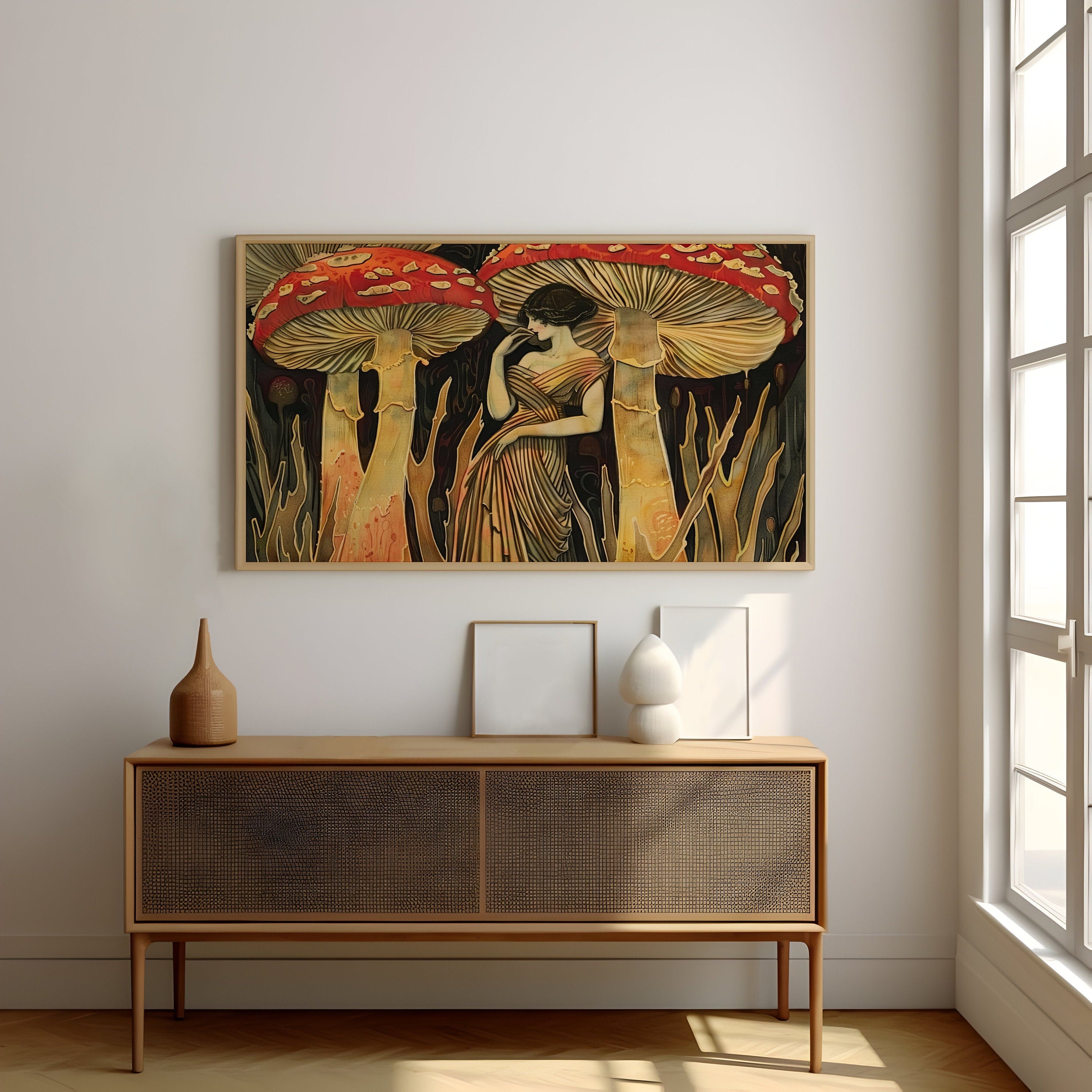 The Mushroom Queen: Art Nouveau Woman in a Glowing Forest | Ethereal & Enchanting Wall Art