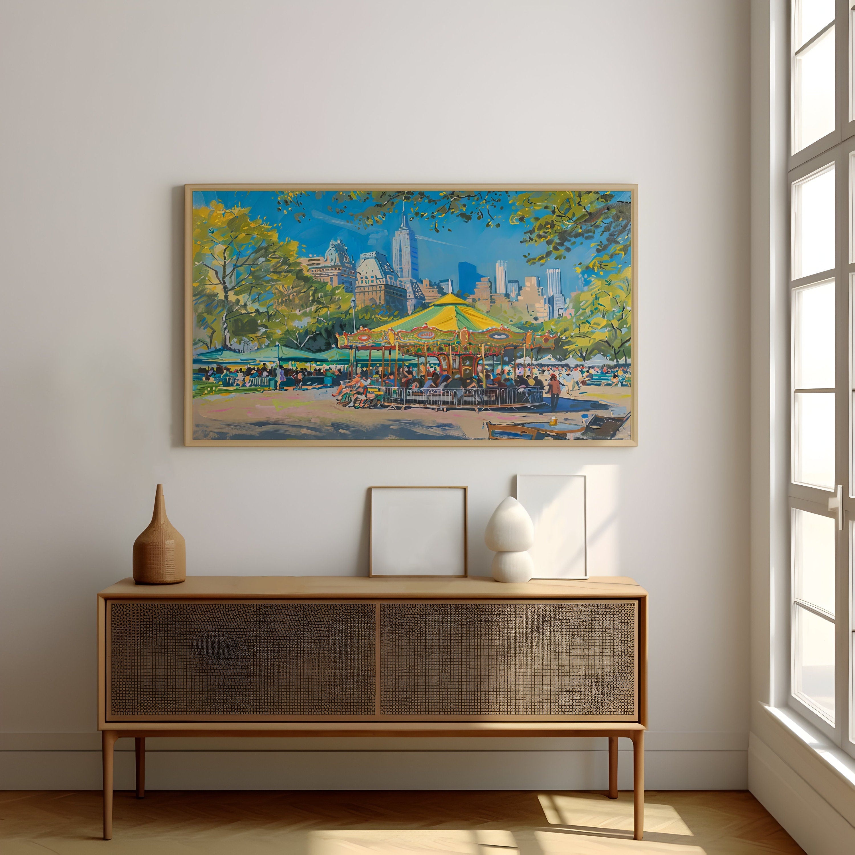 The Urban Carousel: Impressionist City Park Painting | Whimsical & Vibrant Wall Art