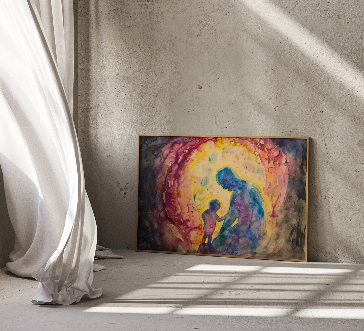 The Eternal Bond: Father and Son Silhouette Watercolor | Heartfelt & Modern Family Wall Art