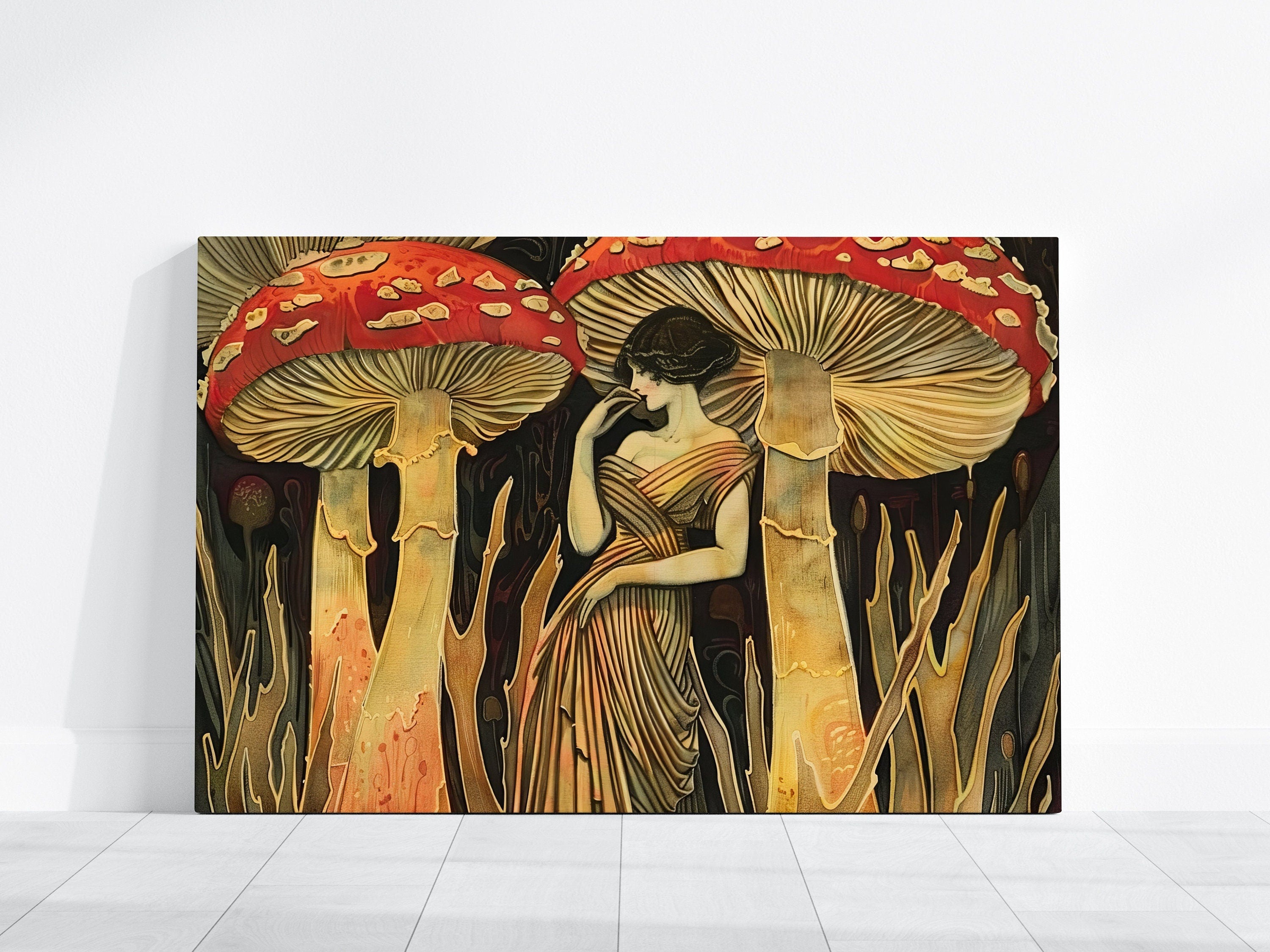 The Mushroom Queen: Art Nouveau Woman in a Glowing Forest | Ethereal & Enchanting Wall Art