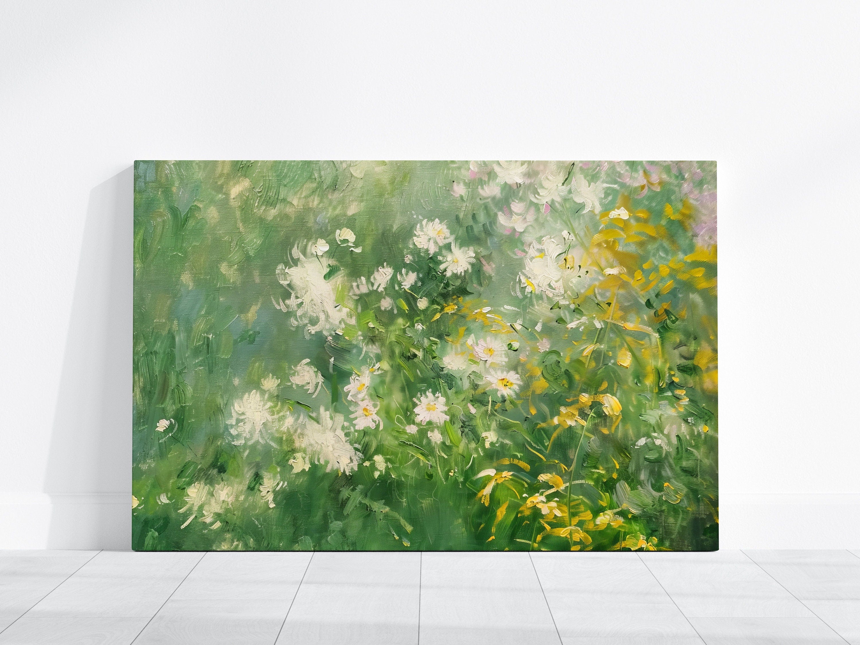 Meadow Serenity: Impressionist Wildflower Field Art | White & Yellow Floral Landscape Decor