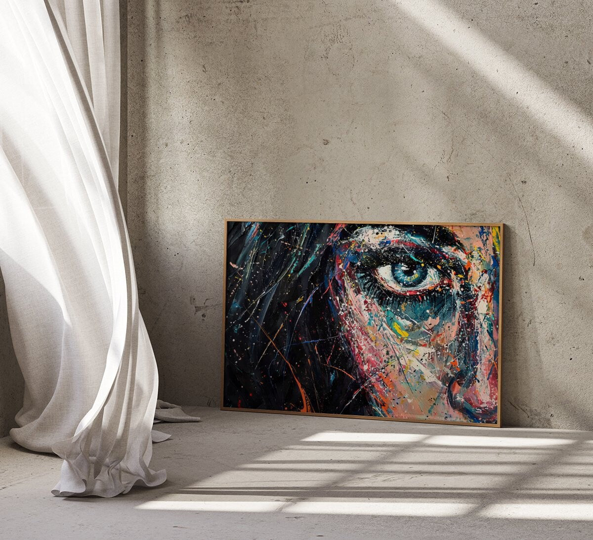 Expressive Gaze Colorful Impasto Oil Painting of a Woman's Eye Interactive Wall Art